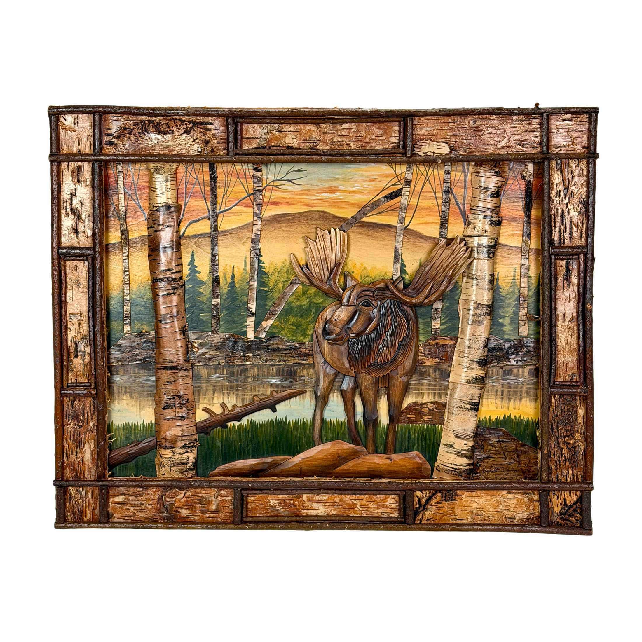 Zeckos Moose in Birch Forest Wood Wall Sculpture 28.75 x 36.5 Inch Rustic Intarsia Wildlife Artwork for Cabin or Lodge Walls
