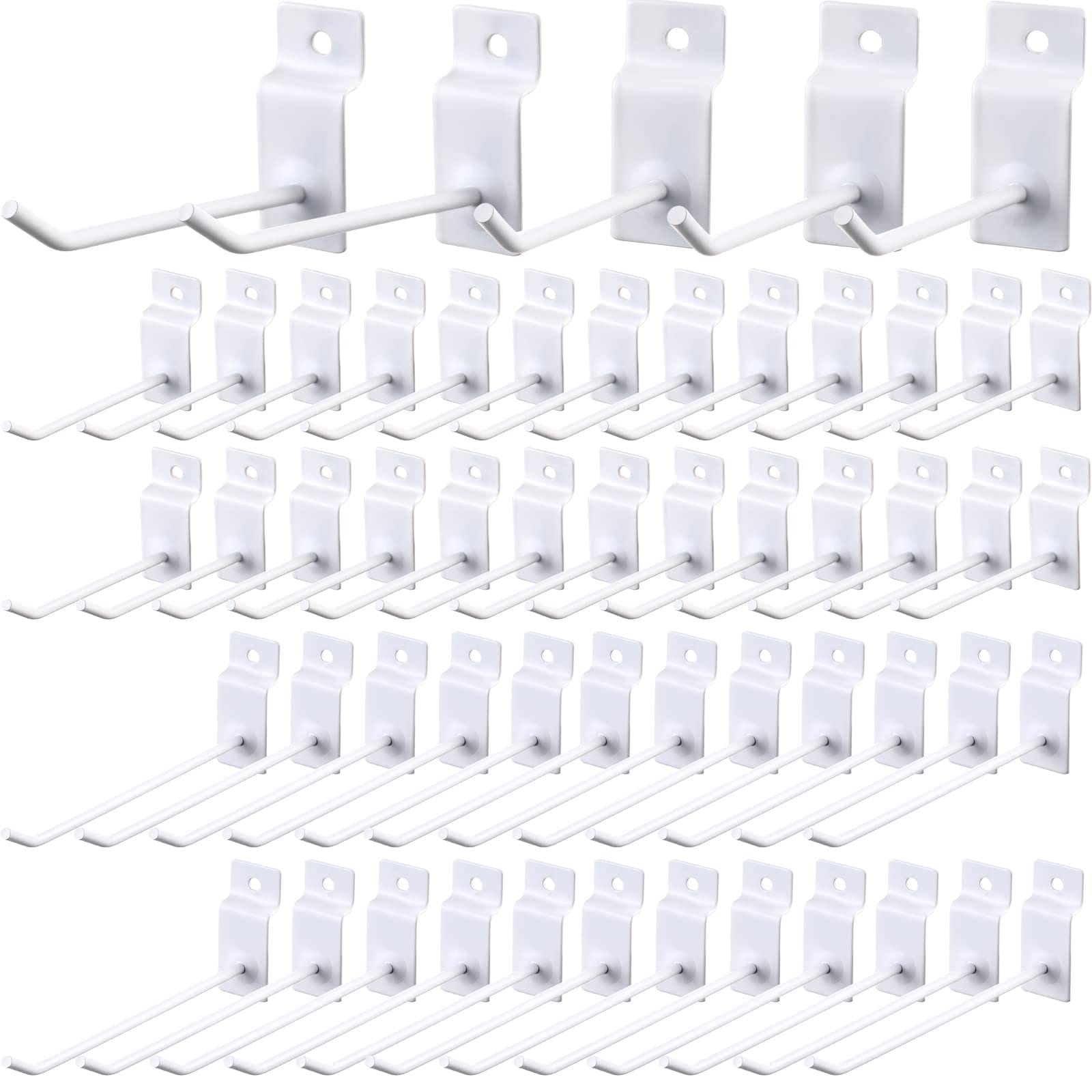 KIWDZFU  50 pack Slatwall Hooks 4 Inch and 6 Inch Metal White Storage Hangers for Garage Shop Retail Display and Tool Organization