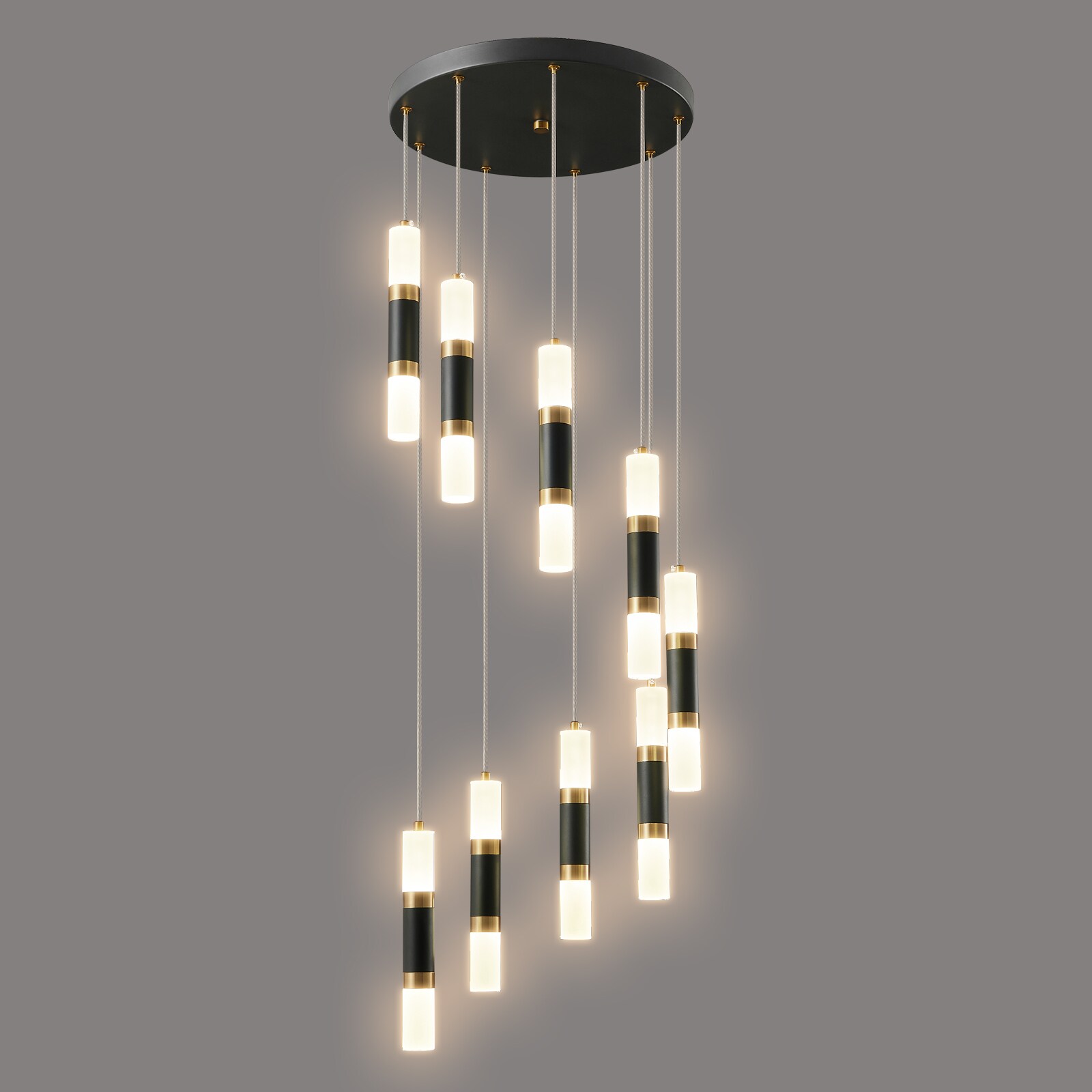 ZHLLMQ Modern 9 Light Black Gold Series Frosted Acrylic Vertical Tube Integrated LED 15.74 in Entryway Staircase Hardwired Multi Cord Cluster Hanging Pendant Light Fixture