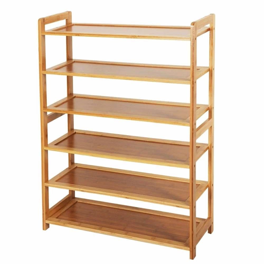 Slickblue - 35.43 In H 6 Tier Holds 24 Pairs Brown Bamboo Shoe Rack with Raised Edge Shelves for ...