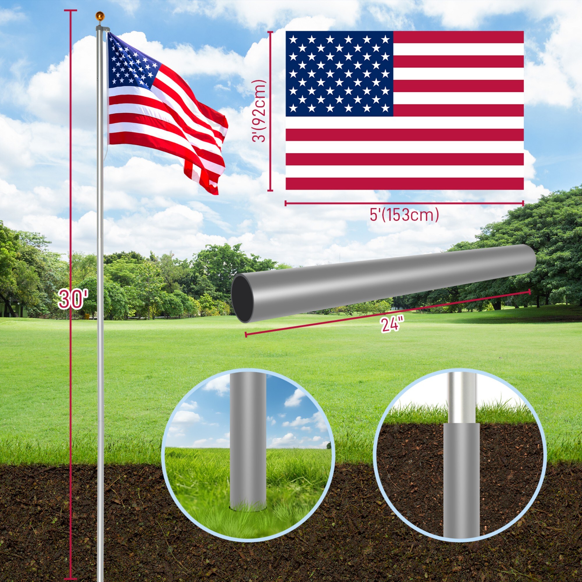 Numhew In-Ground Flagpole Aluminum 30-ft with 3-ft x 5-ft US Flag in ...