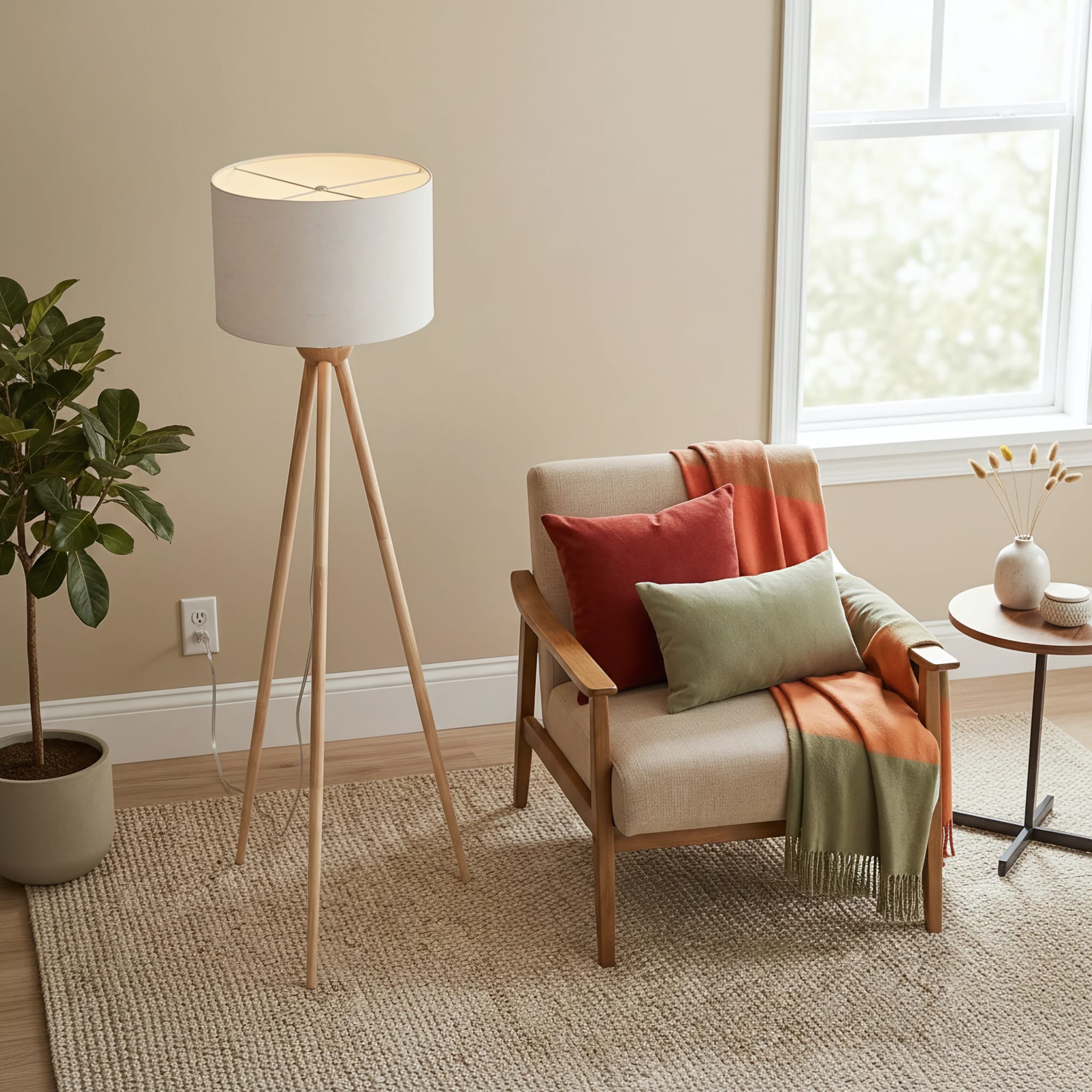 Trikiousd 58 in. Natural Wood Strip Floor Lamp with Cylinder Shade