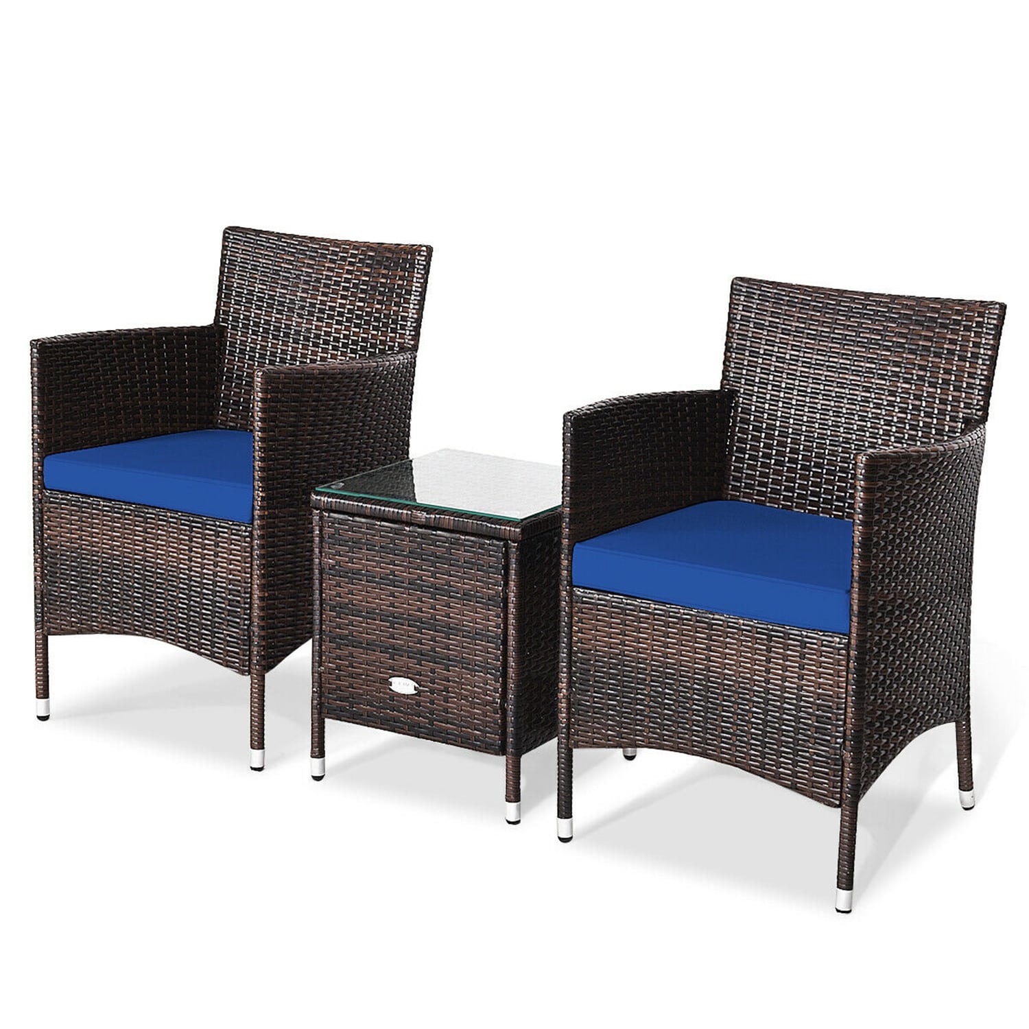 WELLFOR OUJ63850NY 3 -Piece Rattan Patio Conversation Set with Blue Cushions