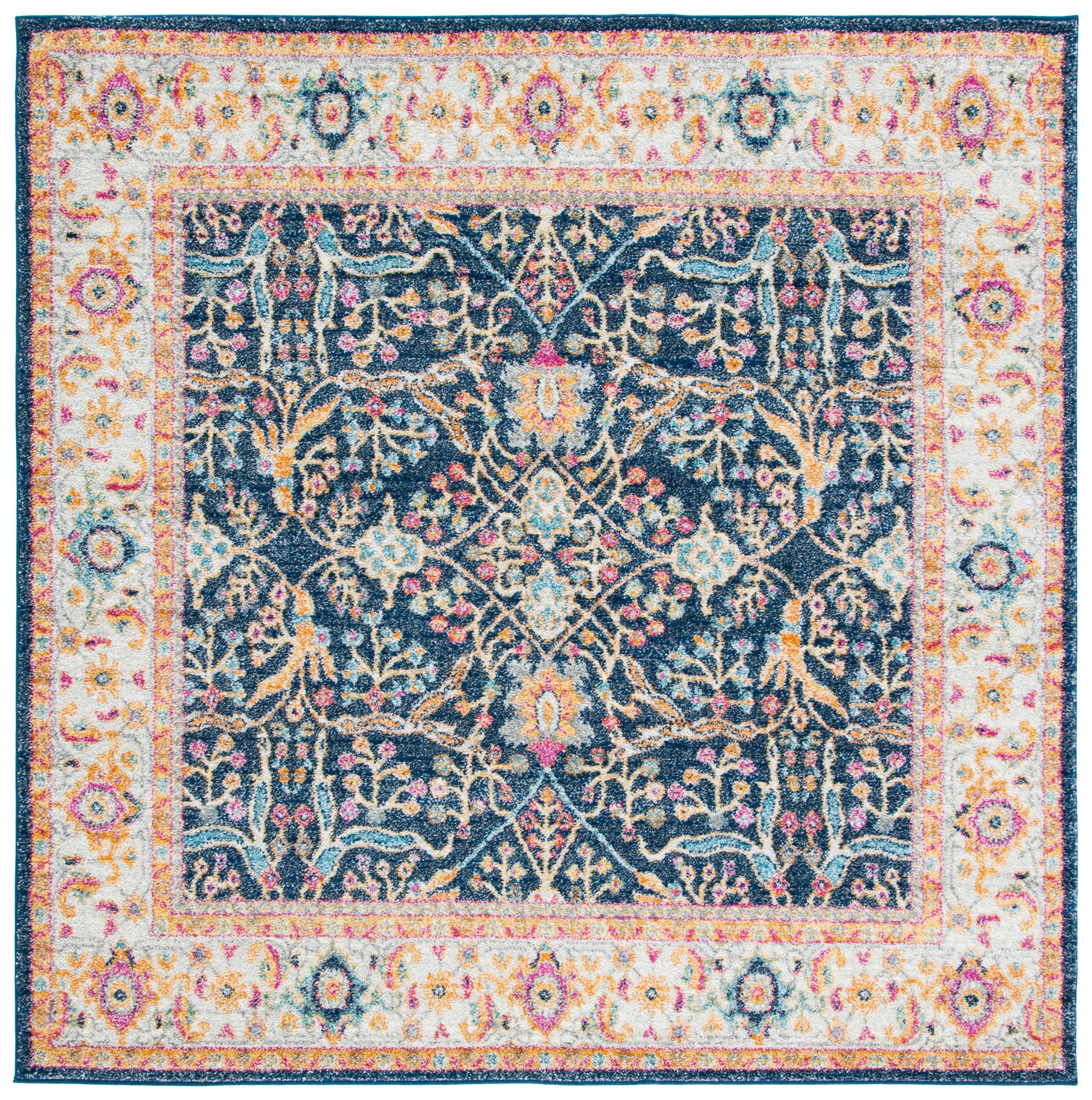 Navy and Creme Floral Motif Low Pile Area Rug