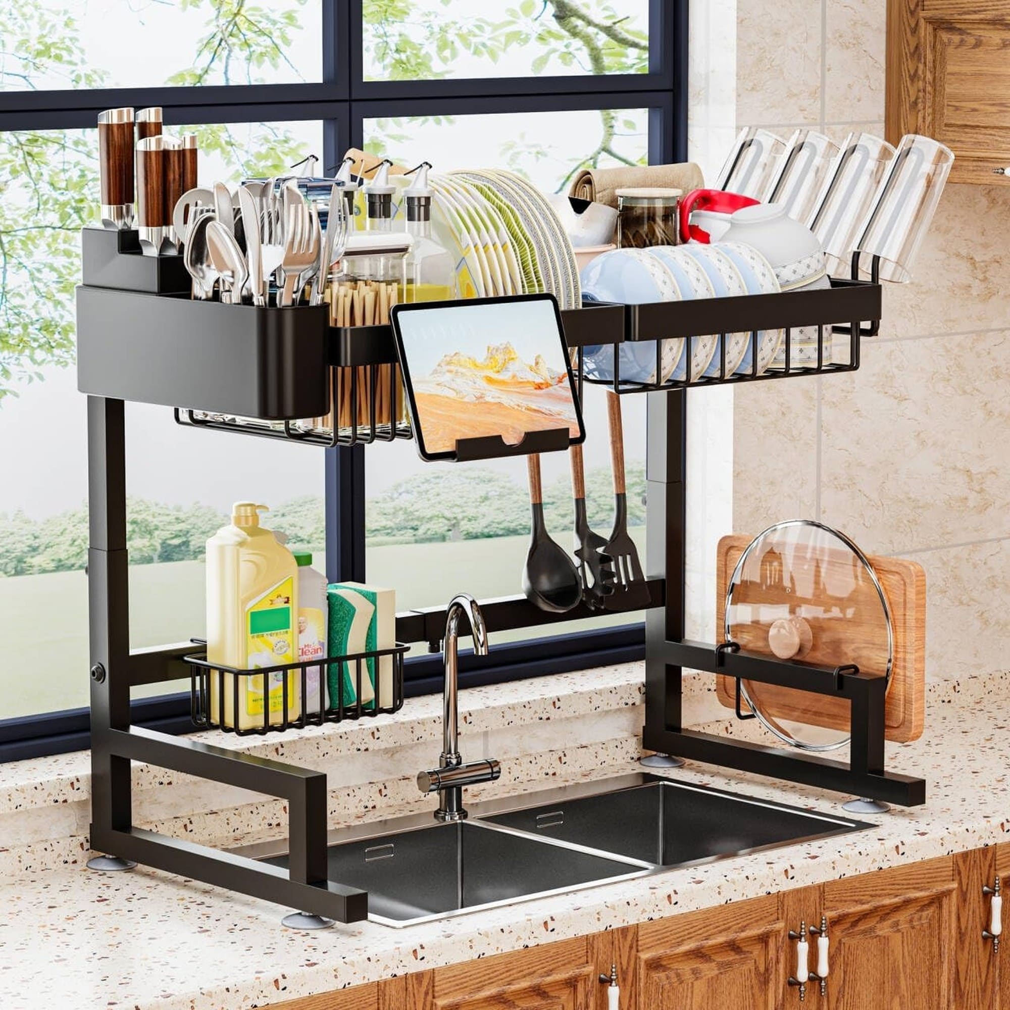 Numhew 24in to 35.5in L 12in W 19in to 22in H 2-Feature Adjustable Height Length Black Over Sink Dish Drying Rack