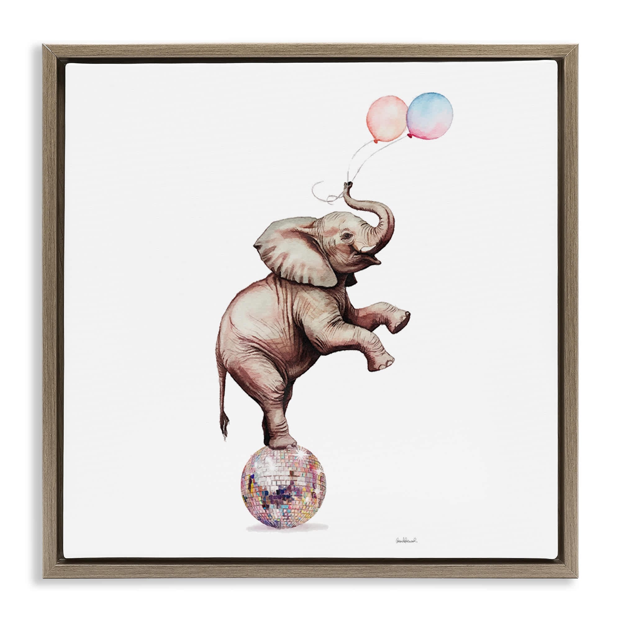 Stupell Industries BS-127-FFE-17X17 Elephant and Balloons Disco Brown Framed Floater Canvas Wall Art By Amanda Greenwood 18 x 18