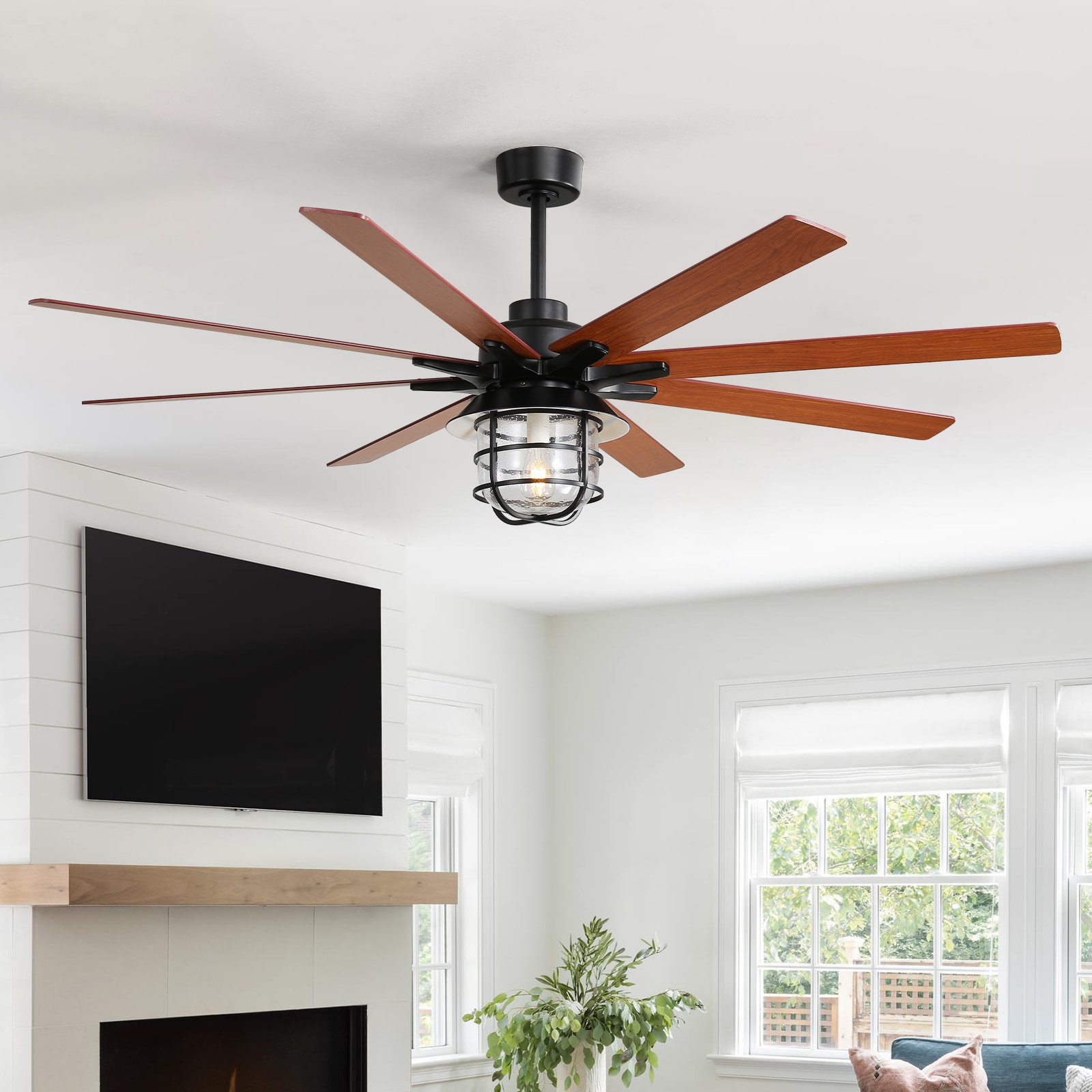 Sofucor L-66K004-BK-DC-SS-60 Ayris 66-in Integrated LED Outdoor Black with Brown Blades Ceiling Fan With Light and Remote ( 8 -Blade )