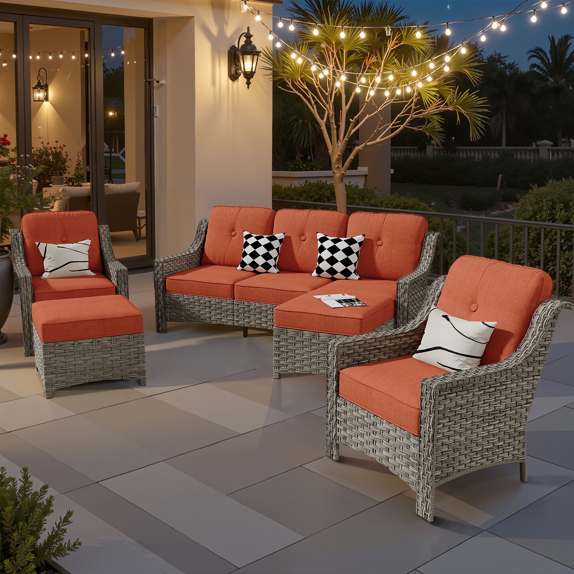 XIZZI XIPAD8053 Pyrophyllite 5 -Piece Rattan Patio Sofa Conversation Set with Orange Cushions