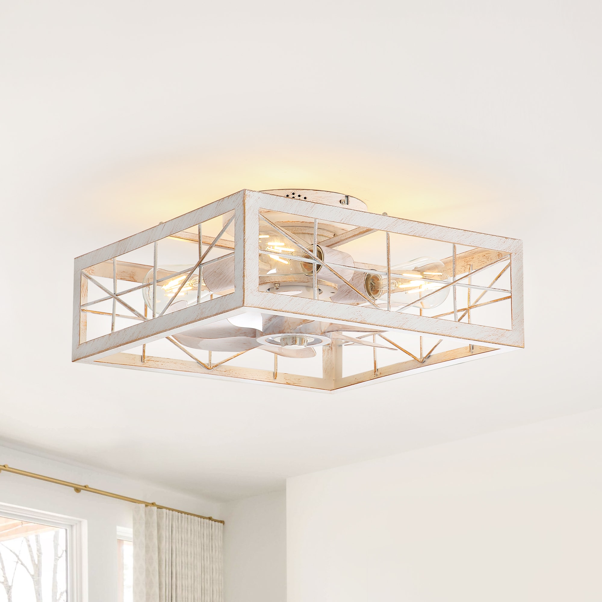 Breezary 35034-WG Square-framed 16-in Flush Mount Matte White with Gary Blades Cage Ceiling Fan With Light - Remote Included ( 7 -Blade )