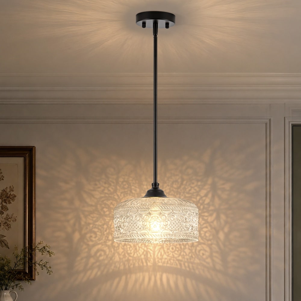 Henveton Jasslynn 1-Light 9.84 in. Modern Black Pendant Light Vintage Embossed Glass Hanging Light for Kitchen Island Dining Room