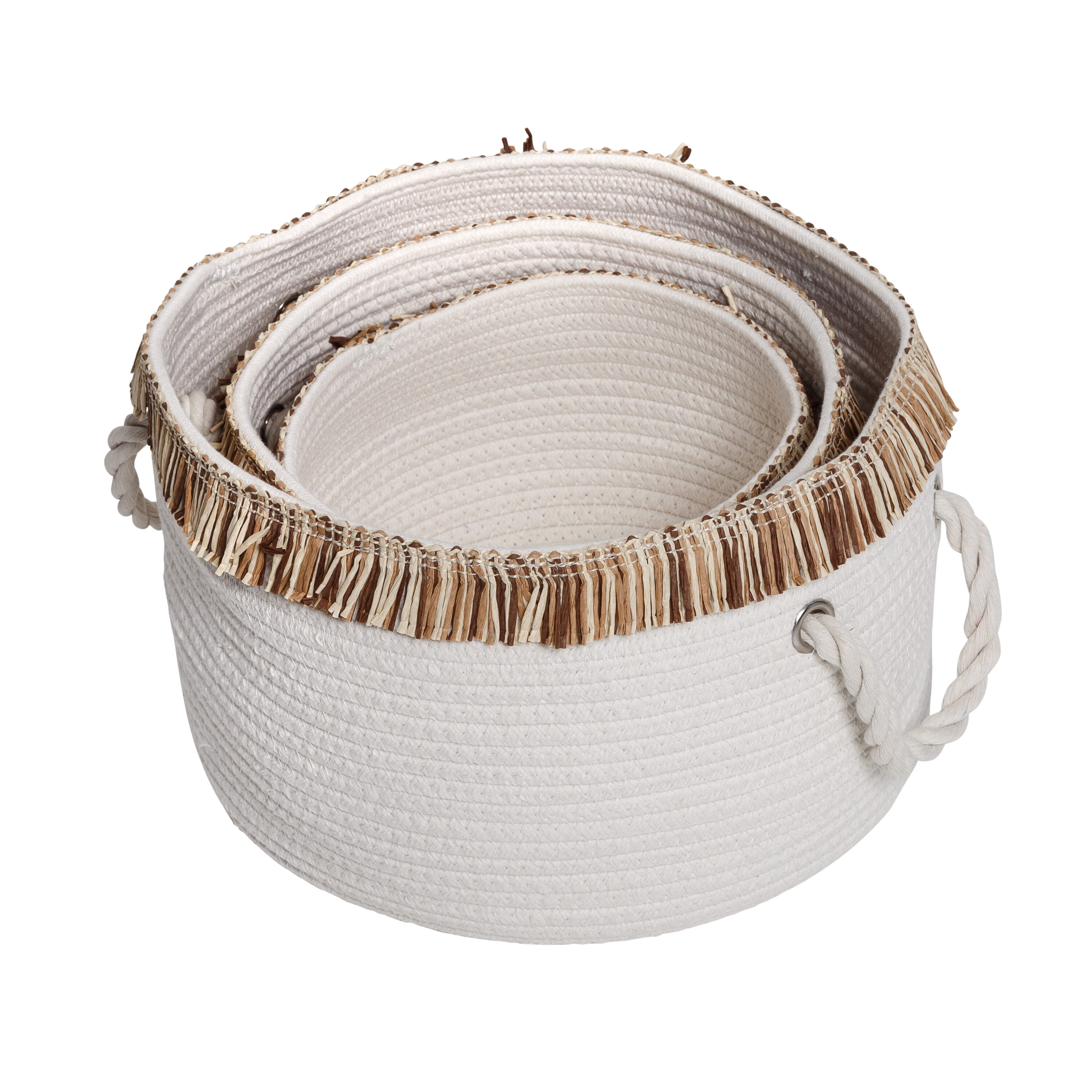 Set of 3 White Cotton Rope Round Baskets with Fringe