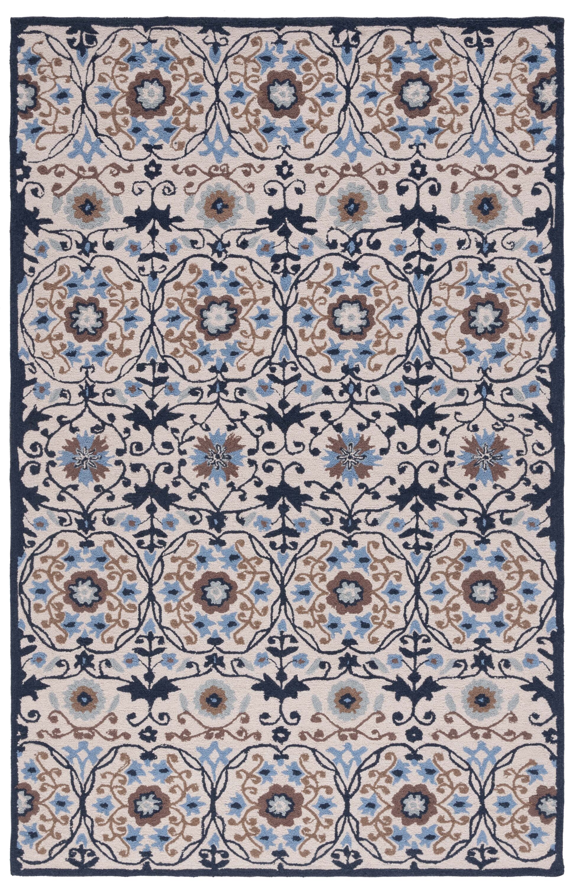Handmade Ivory and Navy Floral Wool Rectangular Rug 4' x 6'