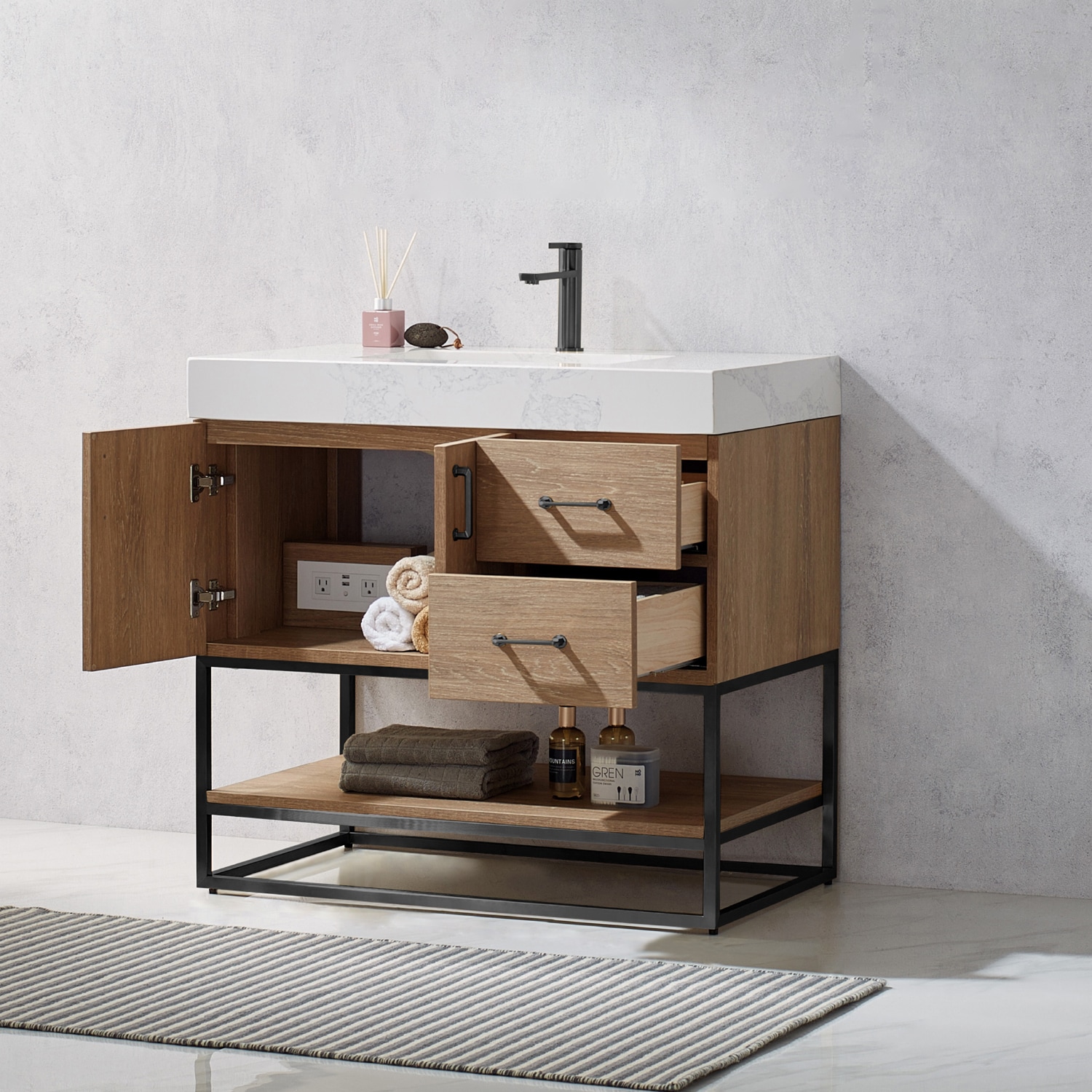 Alistair 36" Oak Single Vanity with White Stone Top and Matte Black Frame