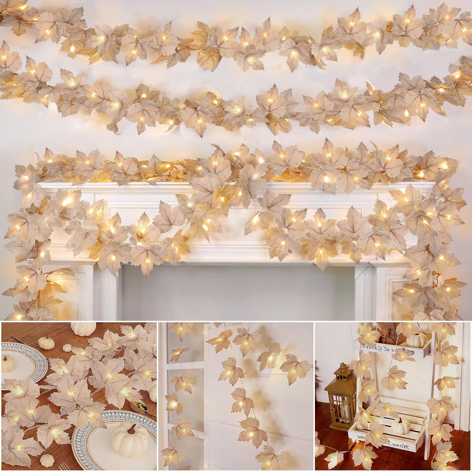 Turnmeon 6-Pack Fall Leaf Garland with Warm White LED Lights 39 ft Total Battery Operated Indoor Autumn Thanksgiving Halloween Decoration 6.5 ft Per Strand