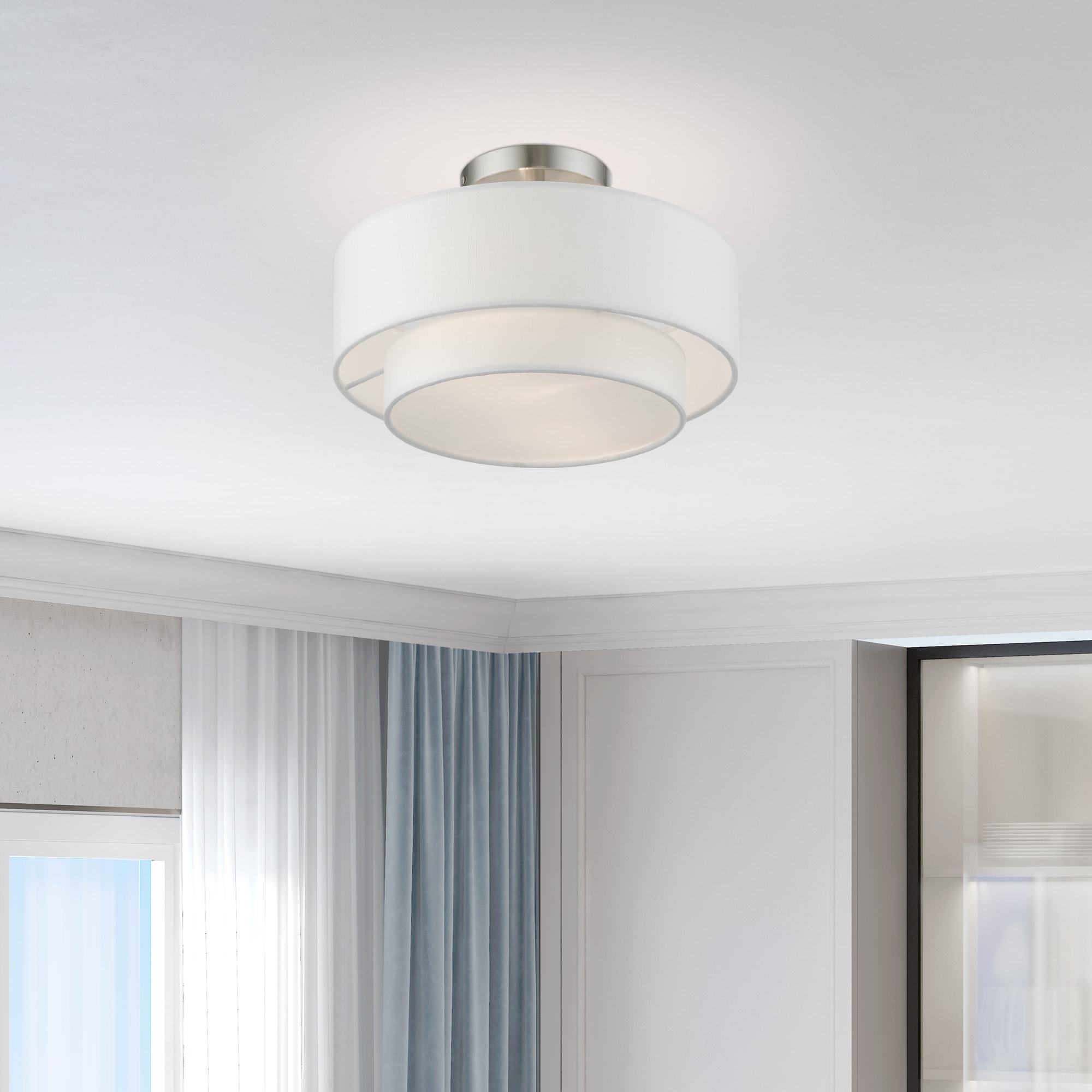 Sleek Brushed Nickel 2-Light Semi-Flush Mount with Off-White Drum Shade