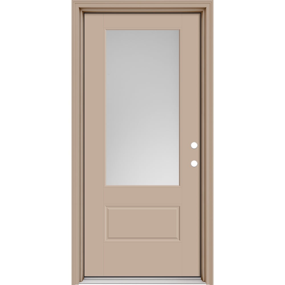 Masonite 630369 Performance Door System 36-in x 80-in x 4-9/16-in Fiberglass 3/4 lite Left-hand inswing Sandy Shore Painted Prehung Front Door with Brickmould Insulating core