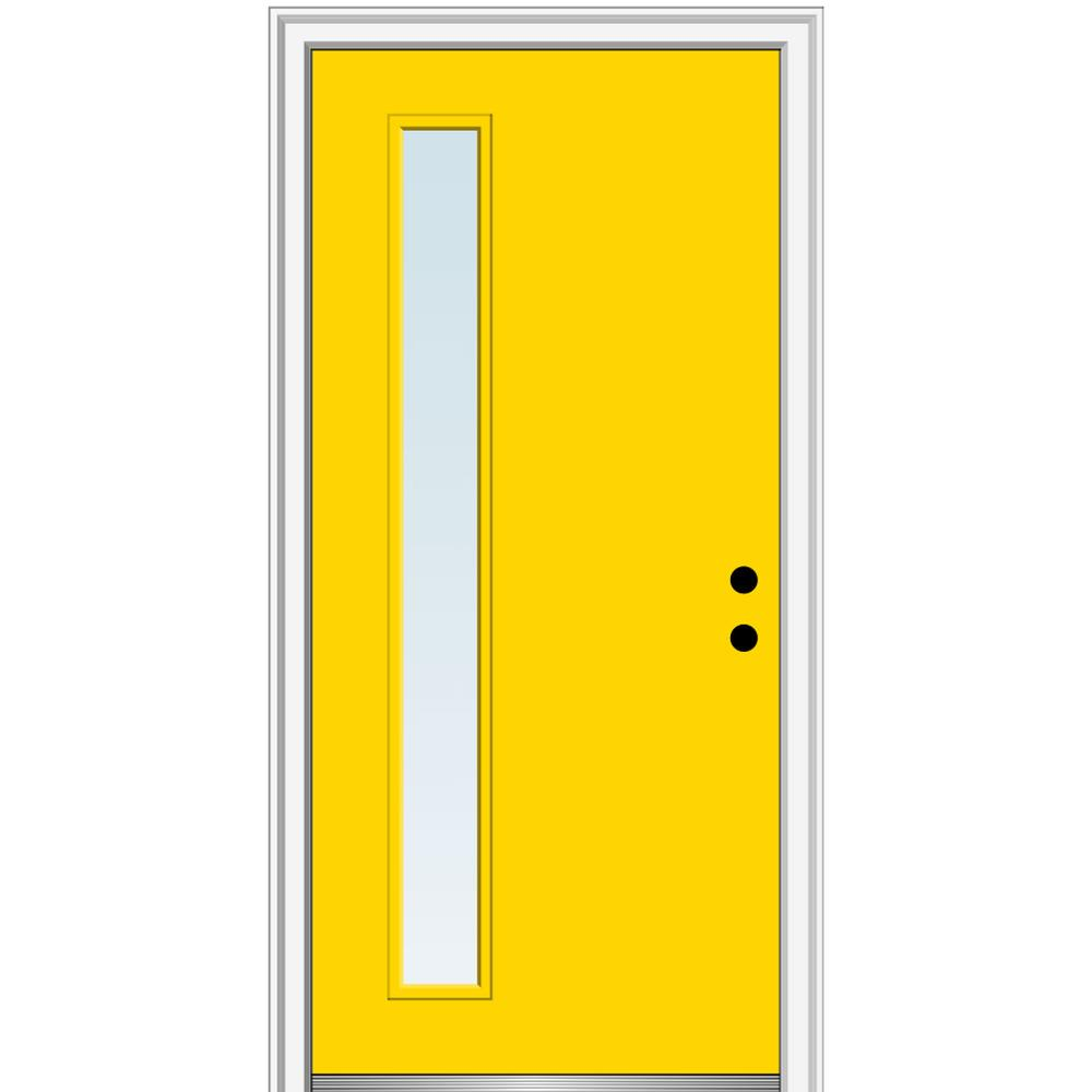 MMI DOOR ZZ348596L Spotlights 30-in x 80-in x 6-9/16-in Fiberglass Pulse lite Left-hand inswing Yellow Flash Painted Prehung Front Door with Brickmould Insulating core