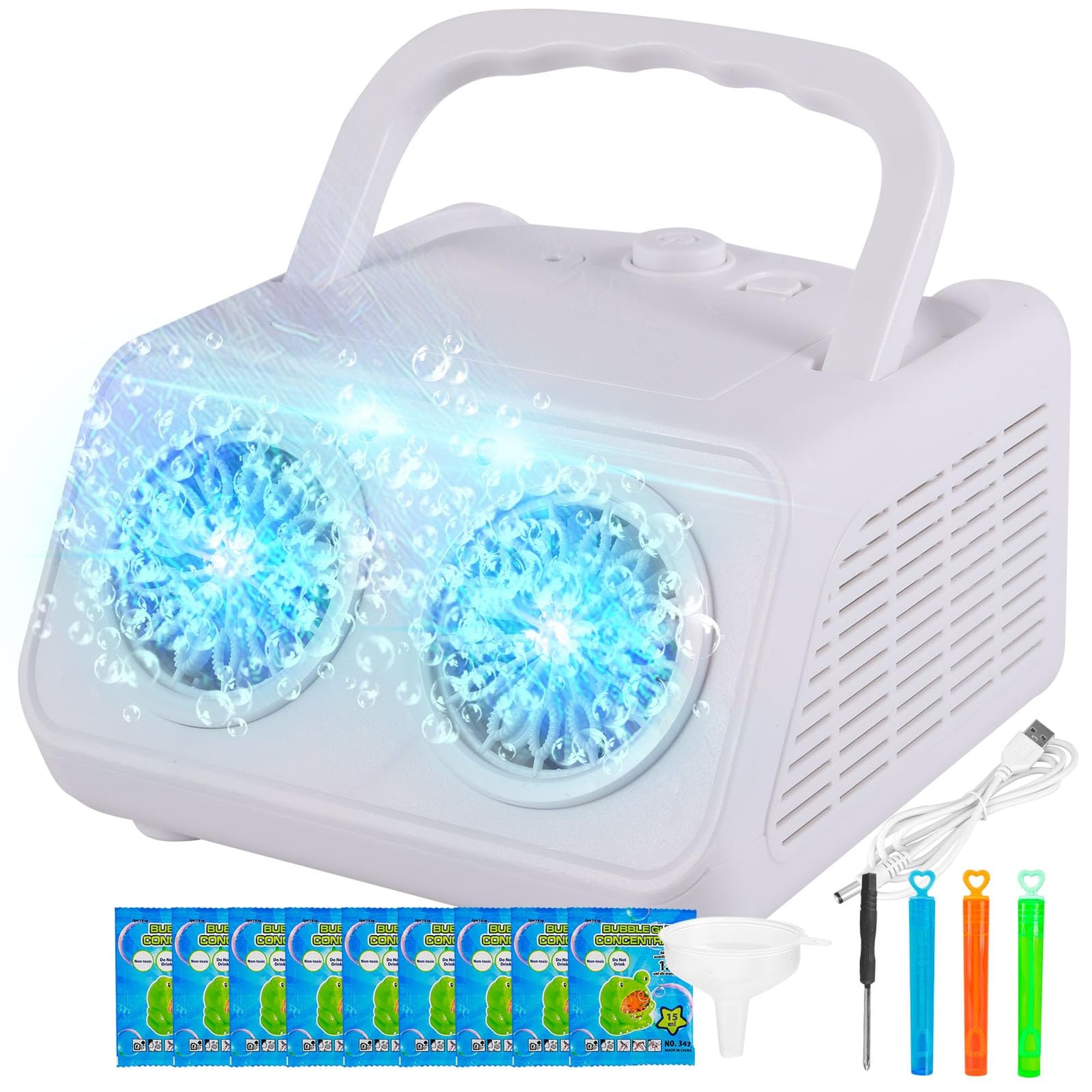 Wudkey White Portable Automatic Bubble Machine with Dual Motors USB-C and Battery Powered Bubble Maker
