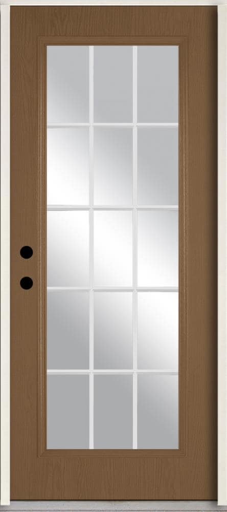 RELIABILT LO889952 36-in x 80-in x Fiberglass Full lite Right-hand inswing Woodhaven Stained Prehung Front Door Insulating core with Grilles
