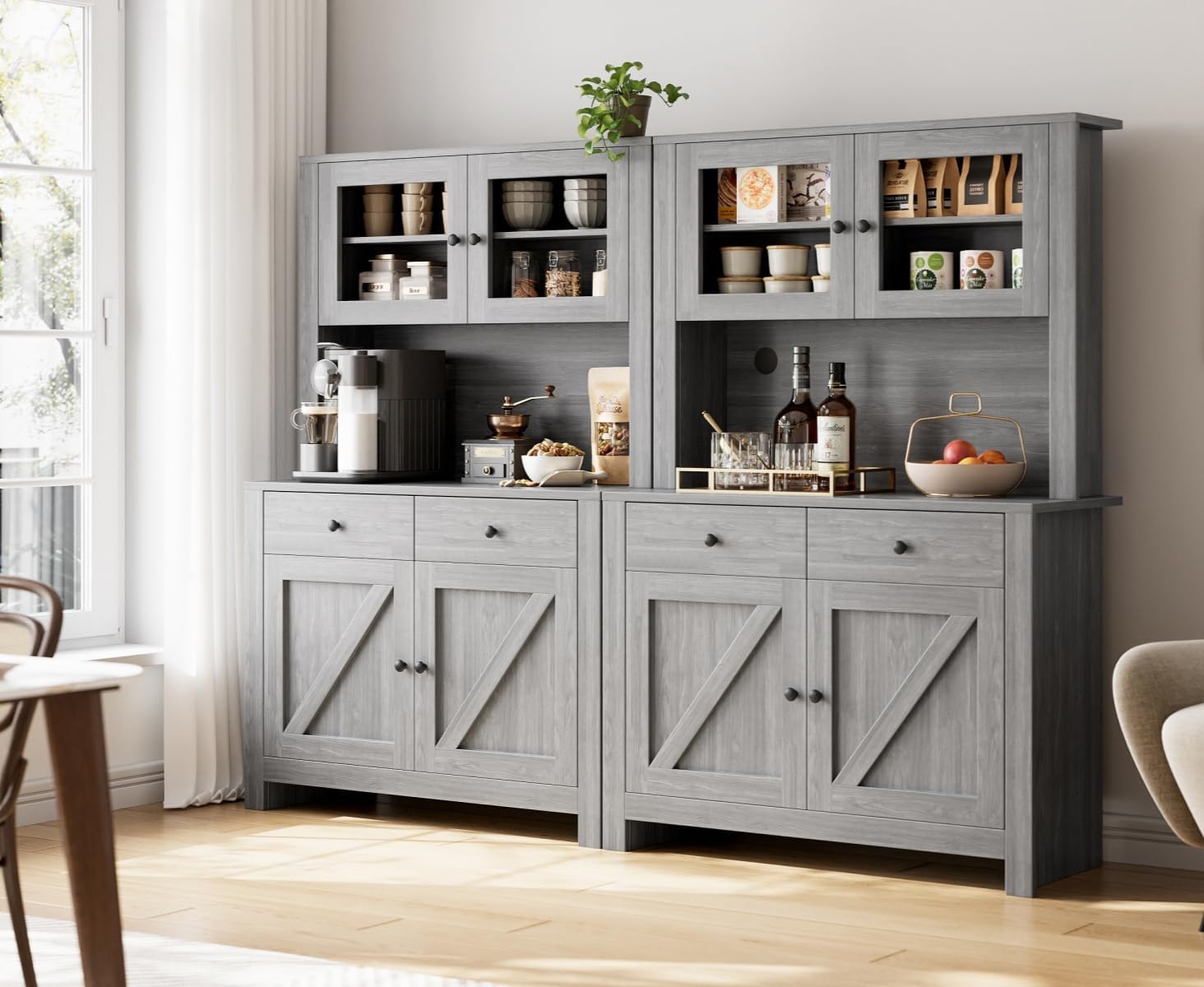 Qeetex MIE-PHK-345645NX Kitchen Pantry Storage Cabinet with Microwave Stand Coffee Bar Cabinet Freestanding Hutch Cabinet with 4 Doors and Adjustable Shelves Tall Pantry for Kitchen Dining Room Dark Grey