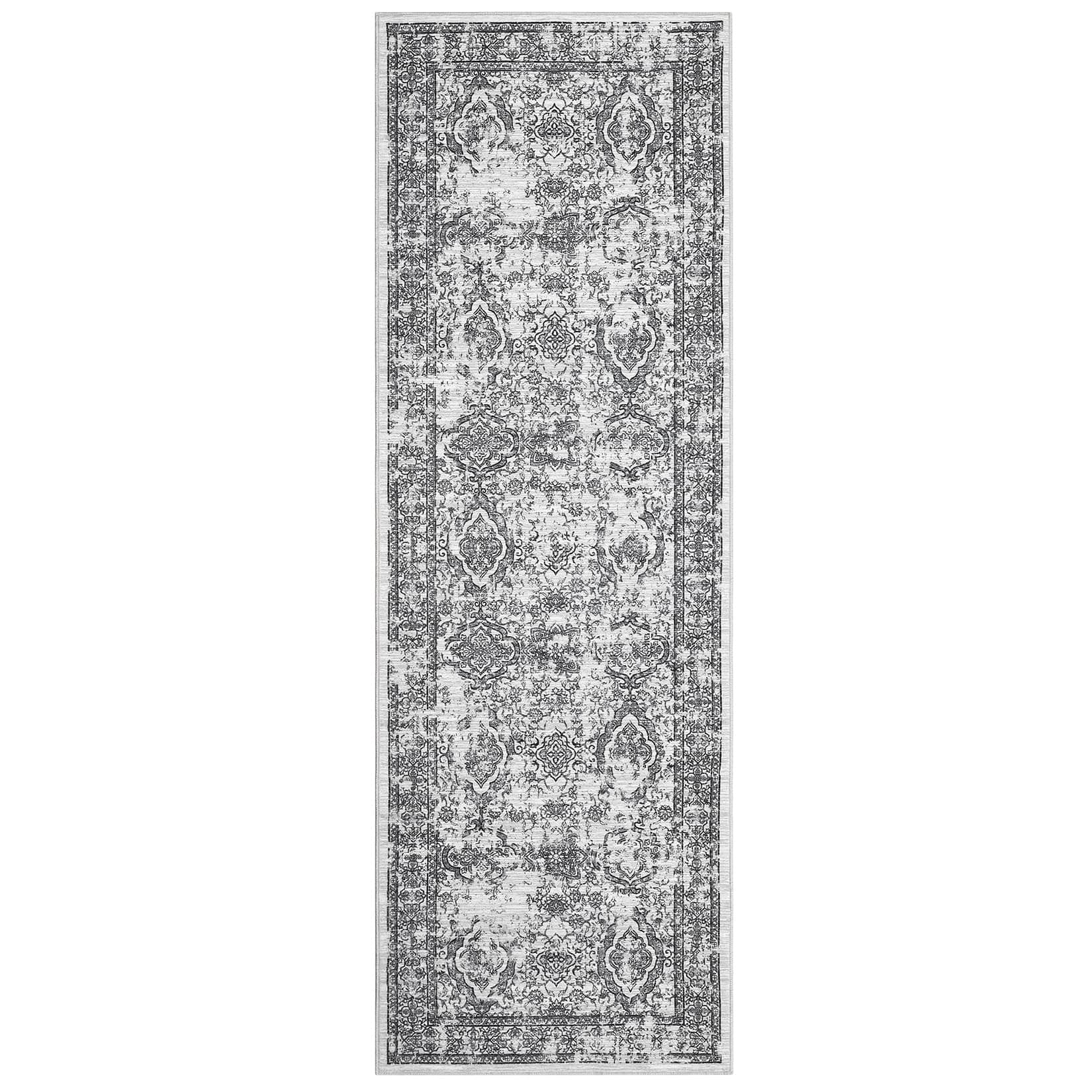 Qeetex LSN-PHO-33LQ49HP 2 x 6 ft Polyester Imitation Cashmere Gray Rectangular Hallway Bathroom Entryway Kitchen Office Foldable Flower Printed Persian Washable Area Rug