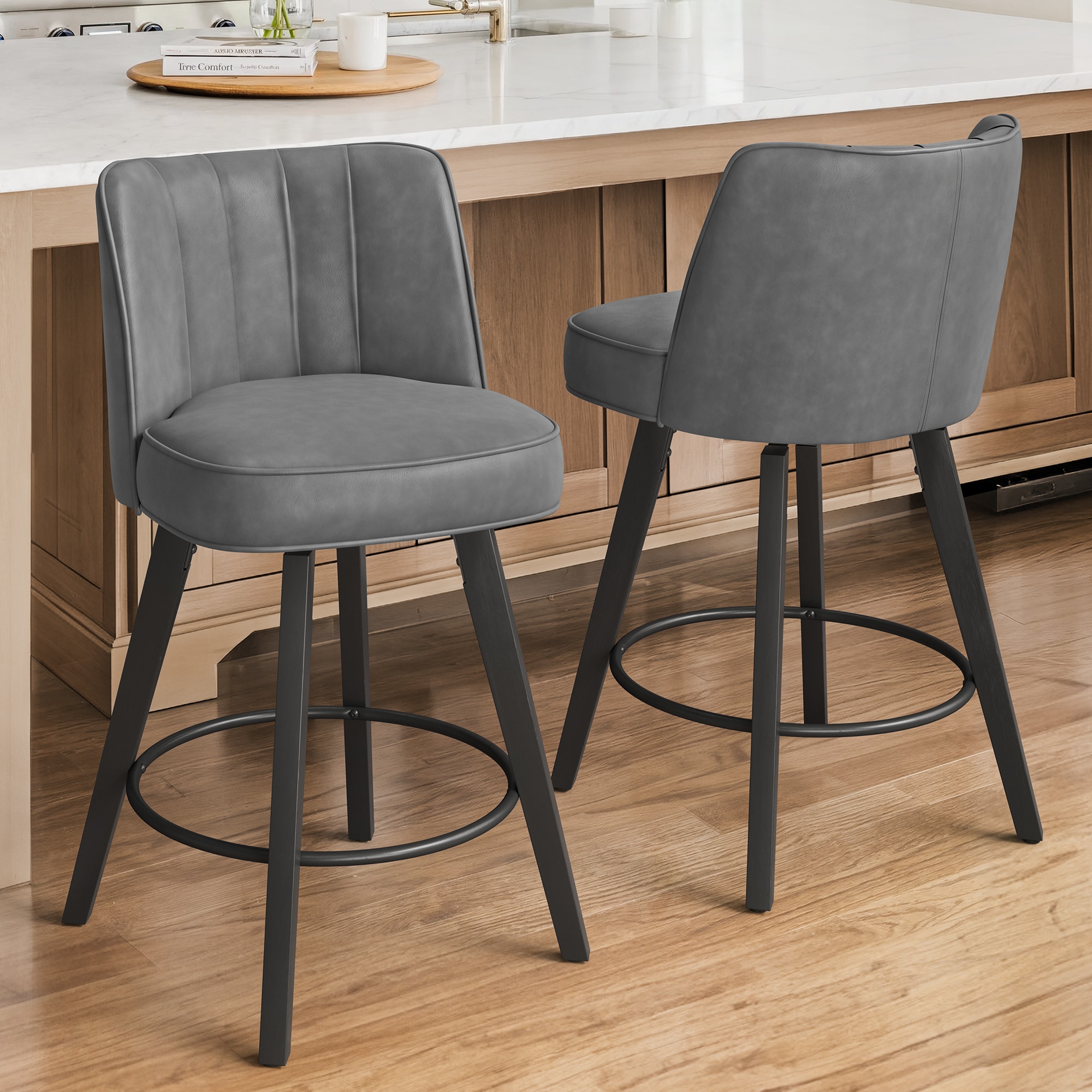 LUE BONA YB-162-02LS Set of 2 Dark Gray/Faux Leather 26.2-in H Counter height (24-in to 27-in) Square Seat Upholstered Swivel Wood Back Bar Stool Back