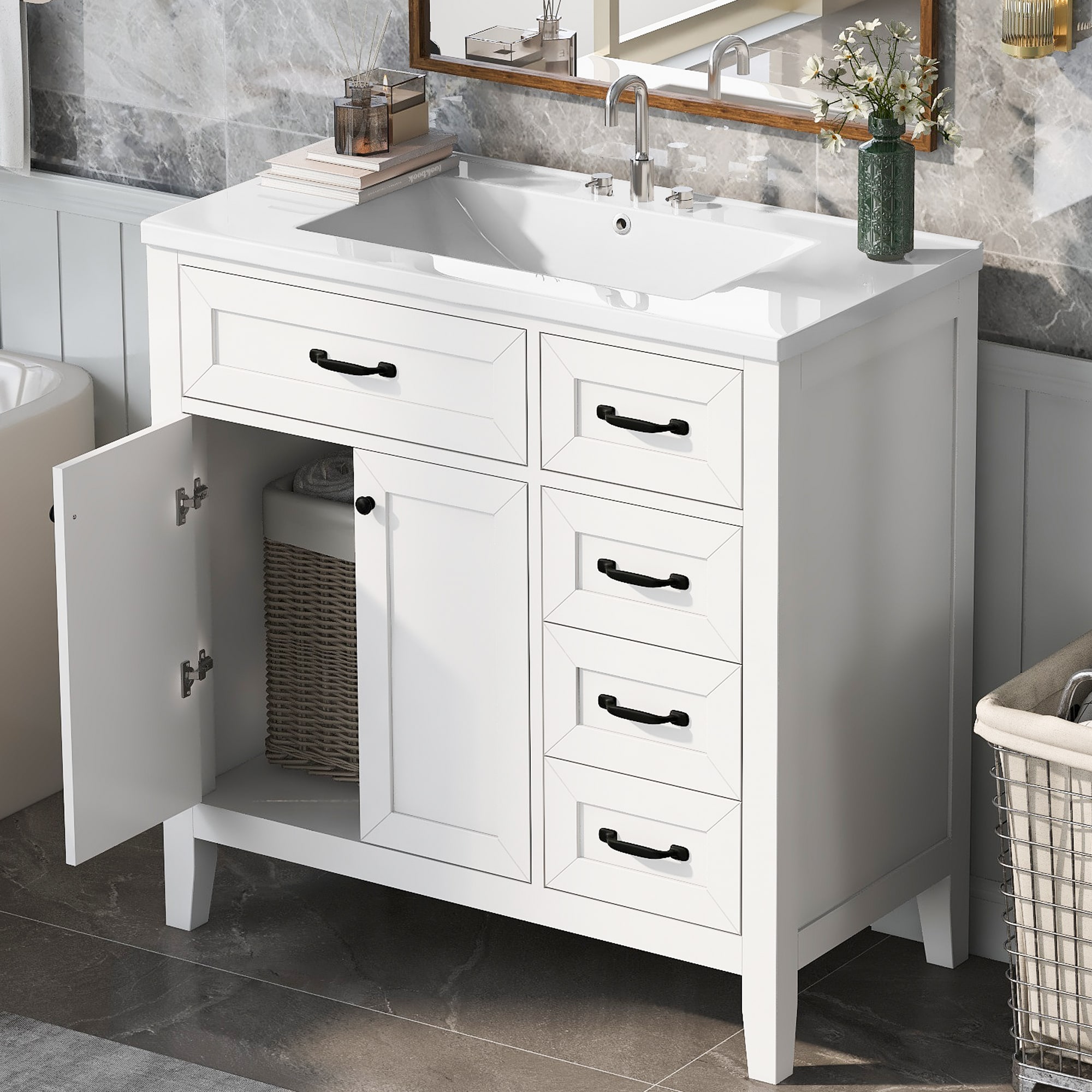 ModernLuxe L3P-N725P246491K 36inch Bathroom Vanity with Sink Combo White Bathroom Cabinet with Drawers Solid Frame and MDF Board