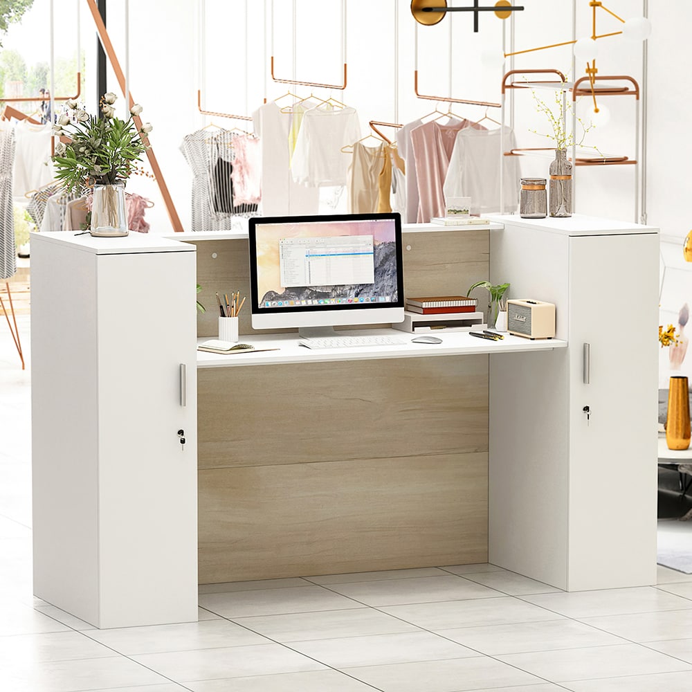 Homsee C-KF250002-01-AB 70.9 in Wide Rectangular White and Wood Grain Computer Desk with Large Tabletop 6 Shelves and 2 Cabinet Doors