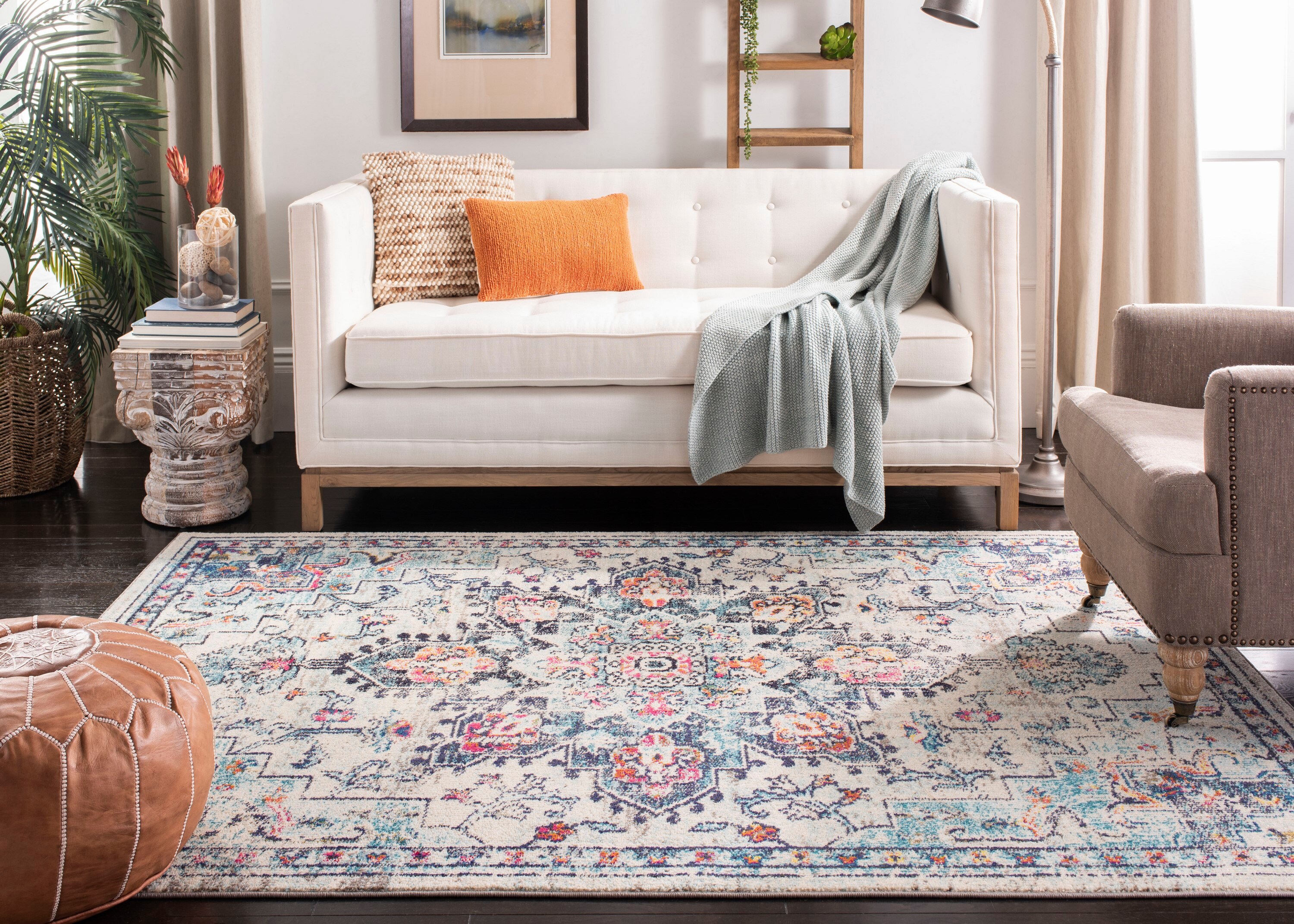 Cream and Blue Flat Woven Reversible Synthetic Rug, 48" x 26"