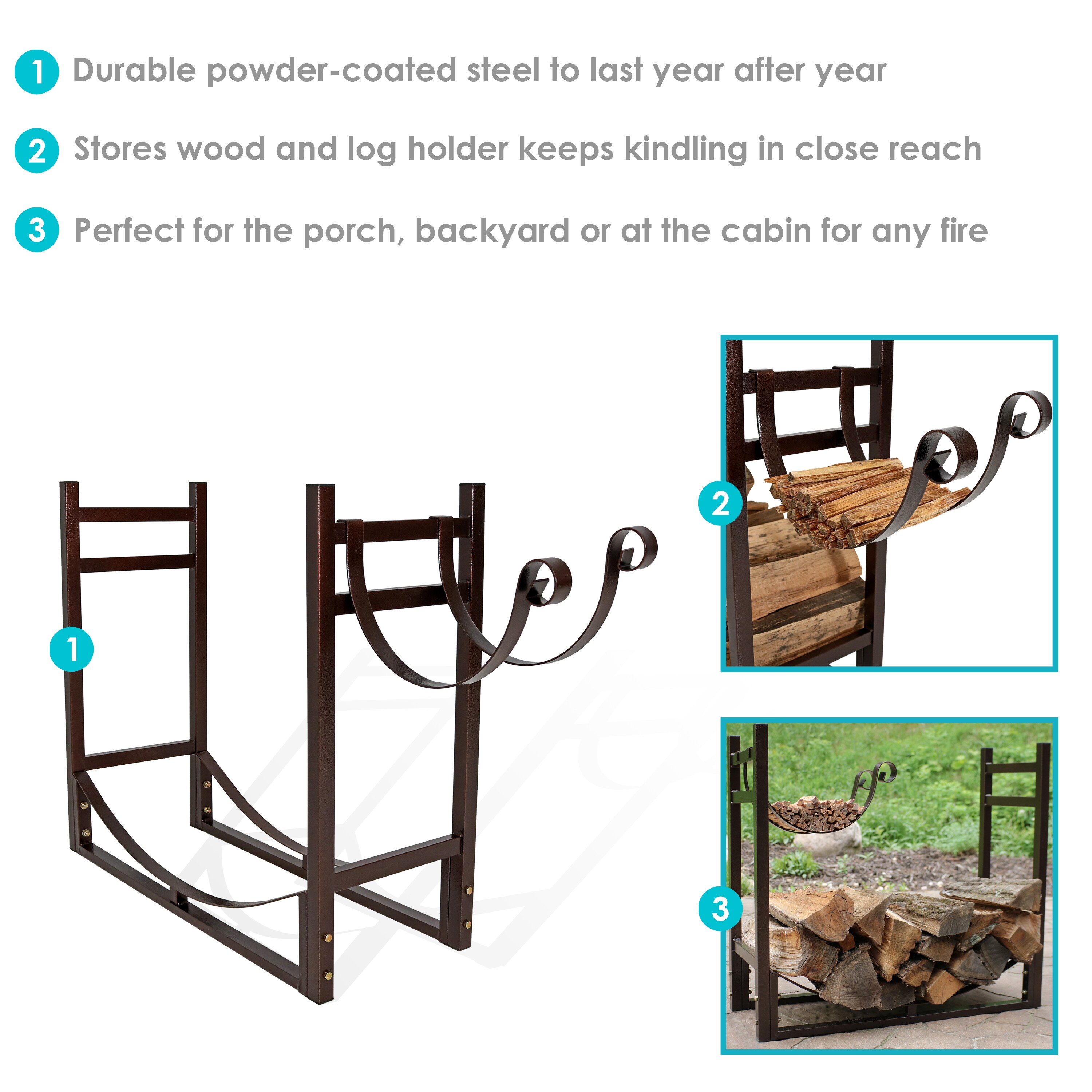 Bronze Steel Indoor/Outdoor Firewood Log Rack with Kindling Holder
