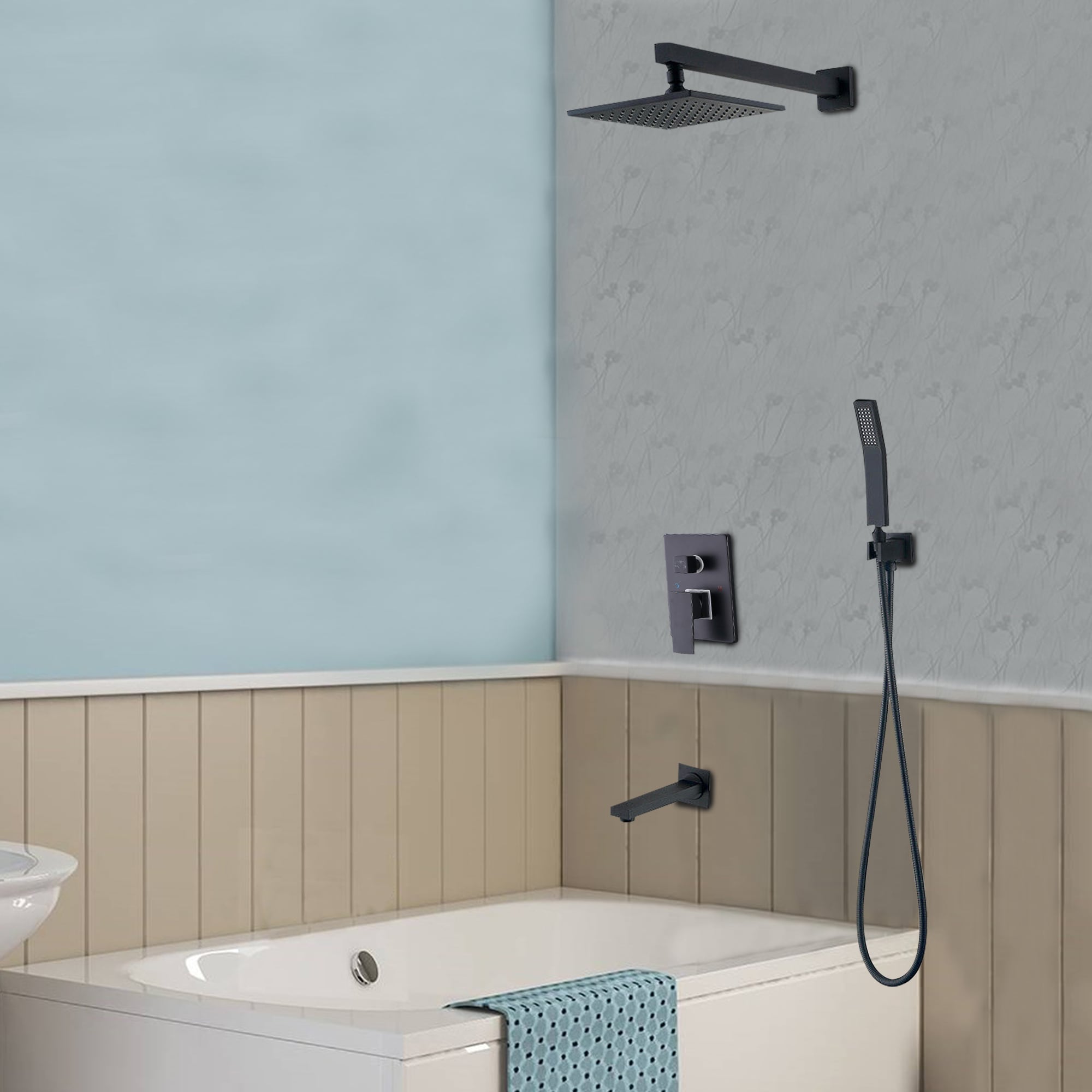 Moda 10 Wall-Mounted Square Rain Shower System with Waterfall Tub Spout in Matte Black