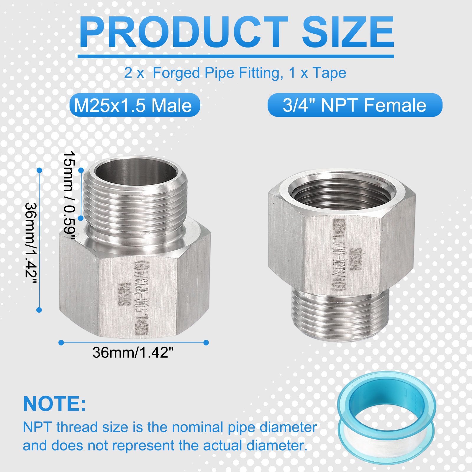 PATIKIL 2pcs 304 Stainless Steel Forged Pipe Fitting 3/4 Inch NPT ...