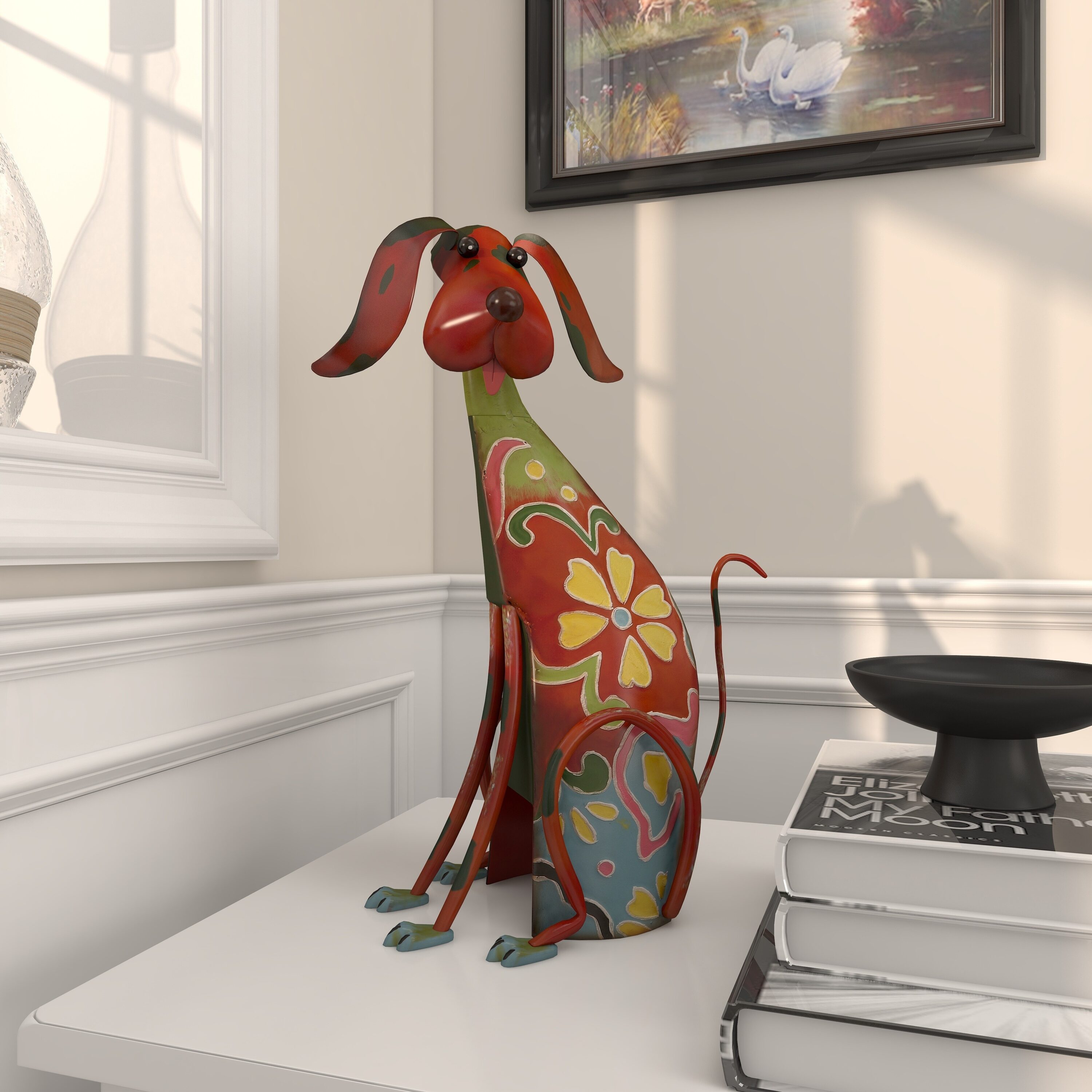 Multicolor Floral Iron Dog Garden Sculpture, 12" x 17"