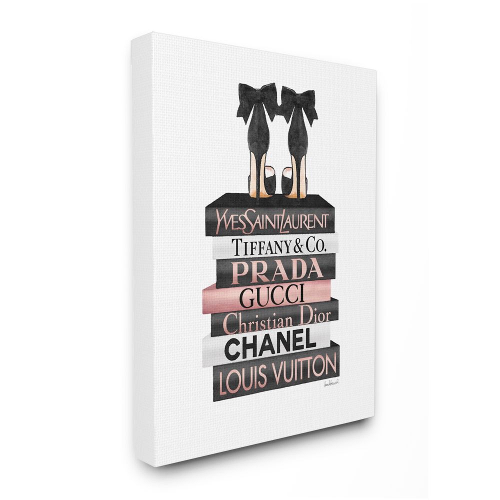 Stupell Industries Elegant black bow heals on glam designer bookstack 48-in  H x 36-in W Figurative Print on Canvas in the Wall Art department at