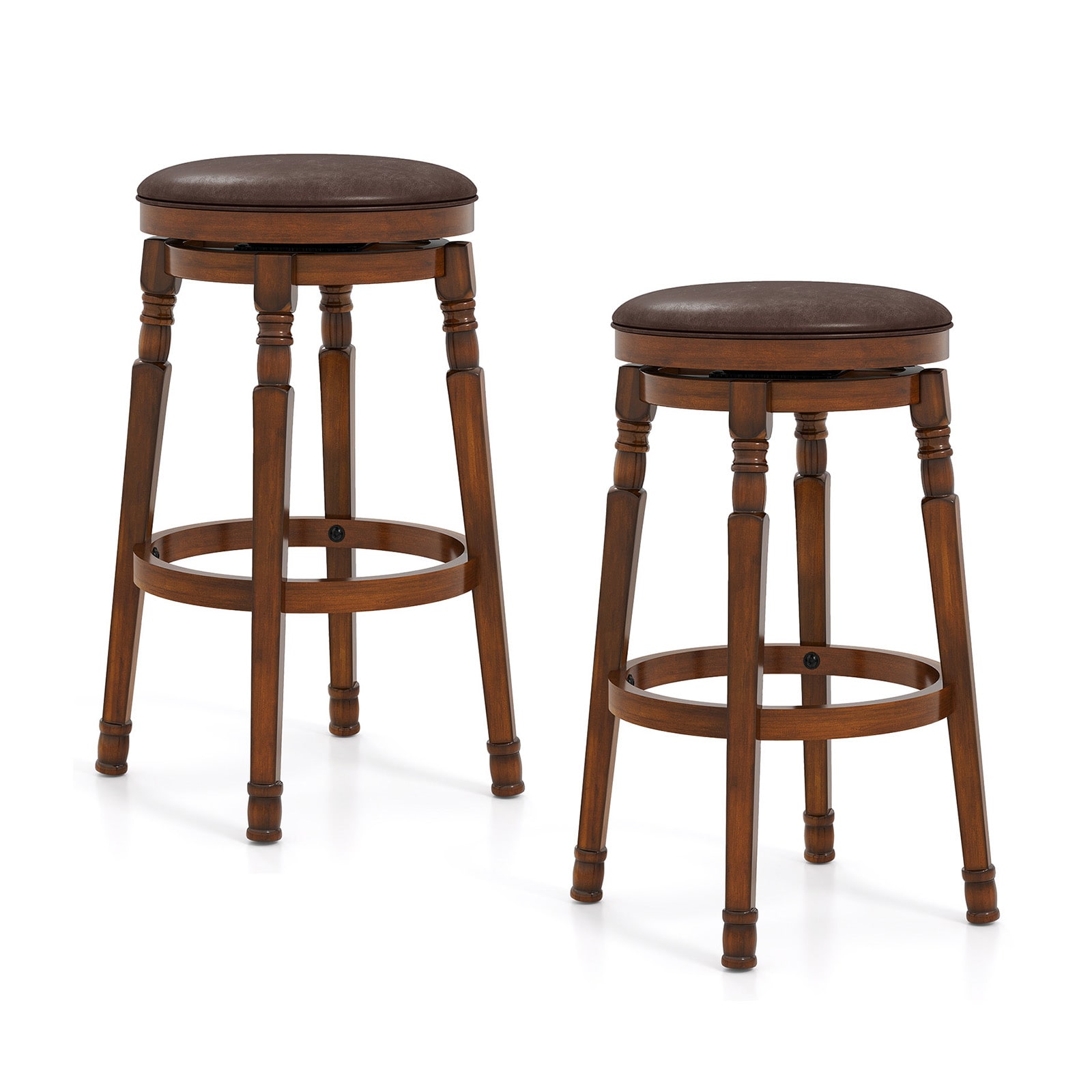 Slickblue D-CO-46566WH Set of 2 Walnut Adjustable 24 Inch or -29 Inch H Swivel Bar Stools PU Leather Seat Rubber Wood Frame with Footrest for Kitchen Home Bars Pubs