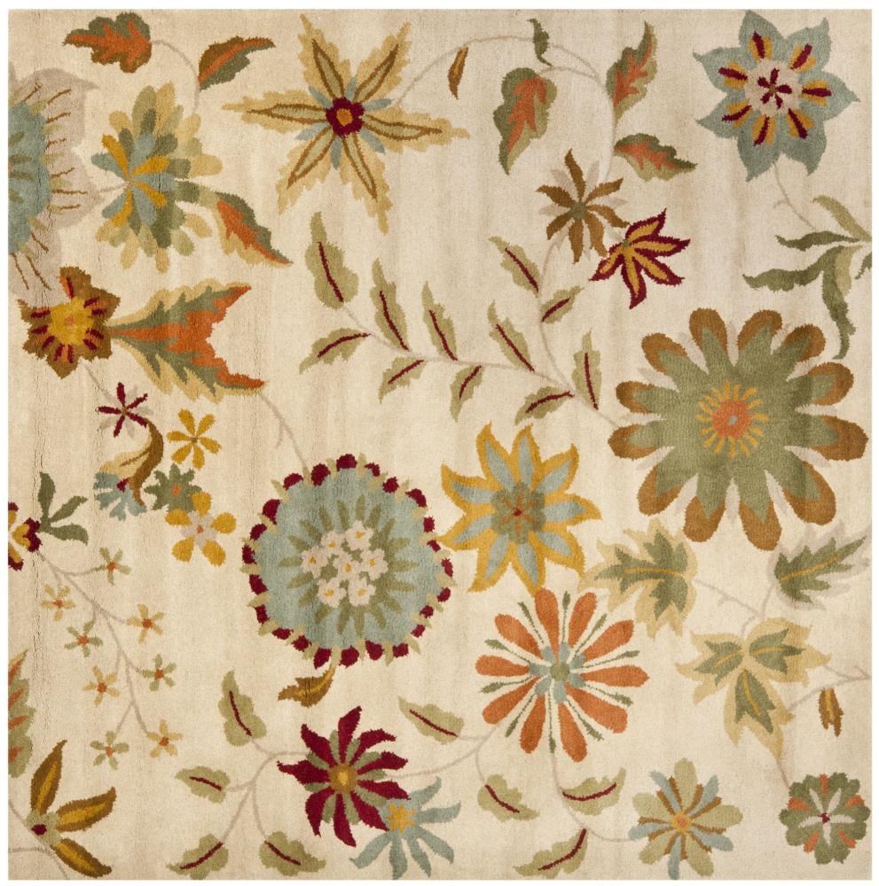 Handmade Ivory Tufted Wool Square Rug with Non-Slip Feature