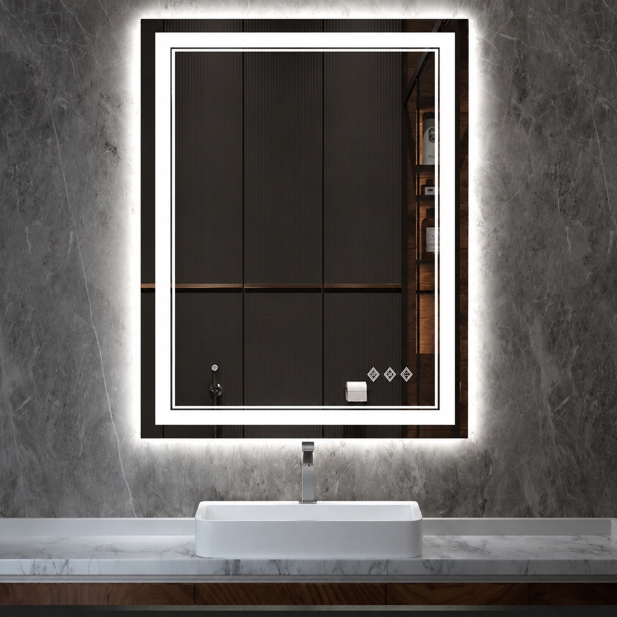 Phewnyzo -  LED Mirror 28x36 Inch Gradient Front and Backlight Bathroom Mirror 3 Color Dimmable D...