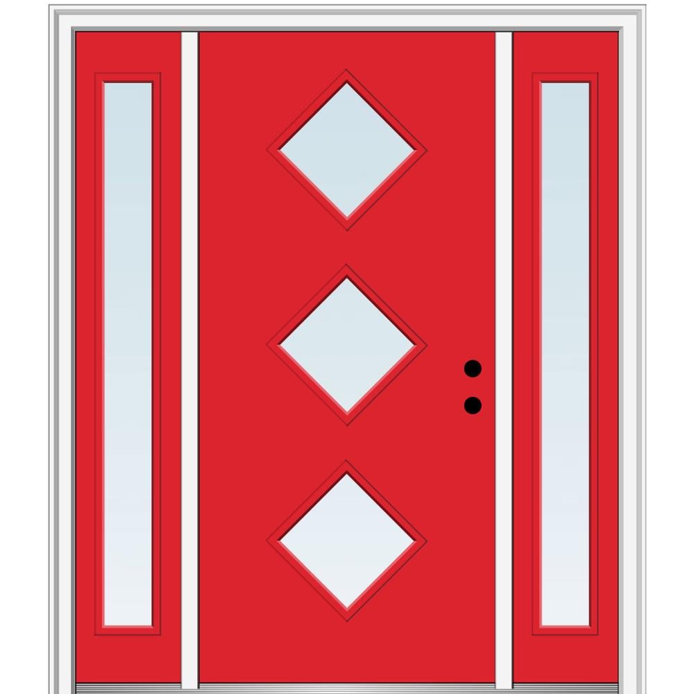 MMI DOOR ZZ346278L Spotlights 60-in x 80-in x 4-9/16-in Fiberglass Pulse lite Left-hand inswing Red Saffron Painted Prehung Front Door with Sidelights with Brickmould Insulating core