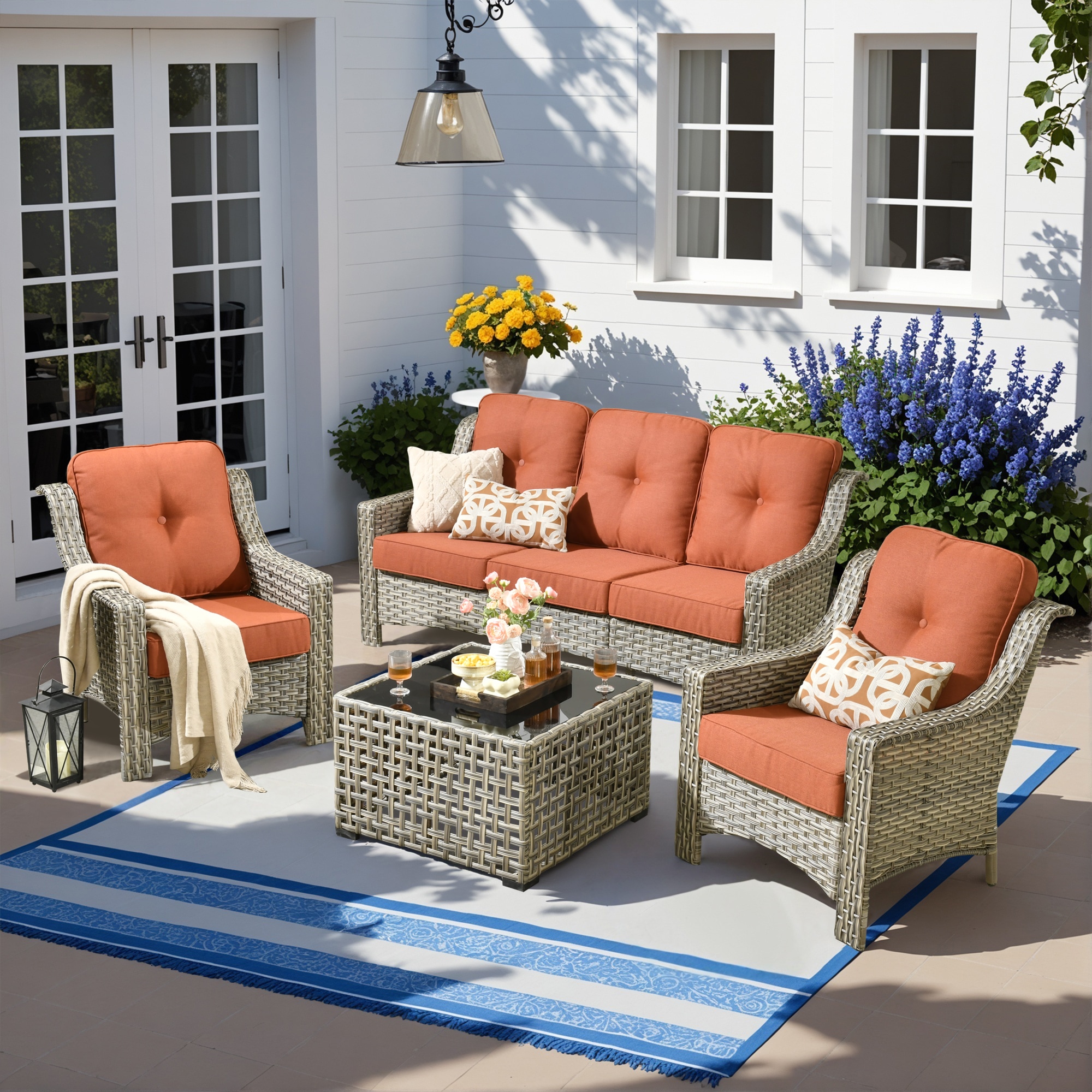 Caodoc L5-PAD80C4-T New right-Angles Rattan Outdoor Sectional with Orange Cushions and Rattan Frame