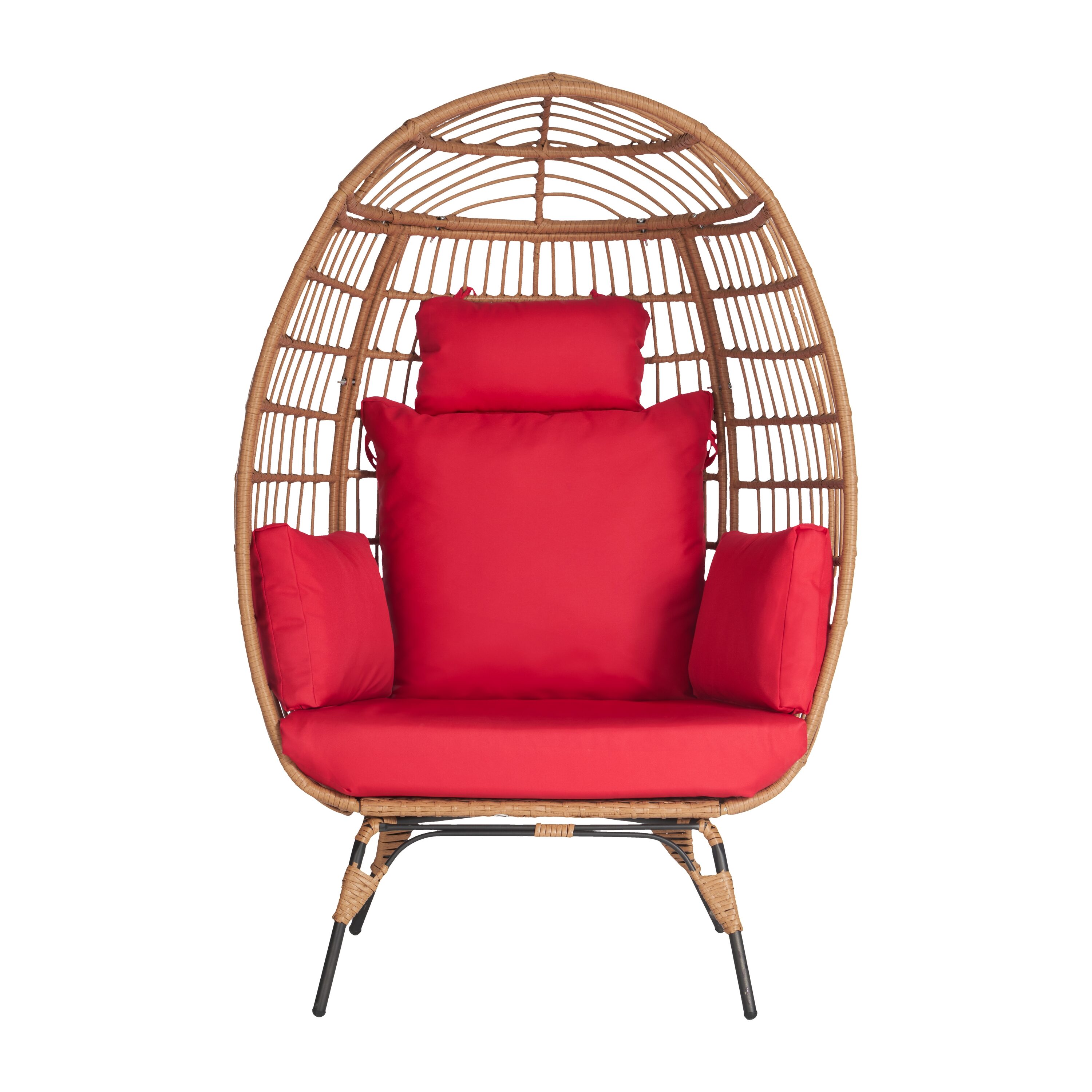 SANSTAR Patio Chairs Wicker Brown Wicker Frame Stationary Egg Chair with Red Cushioned Seat in