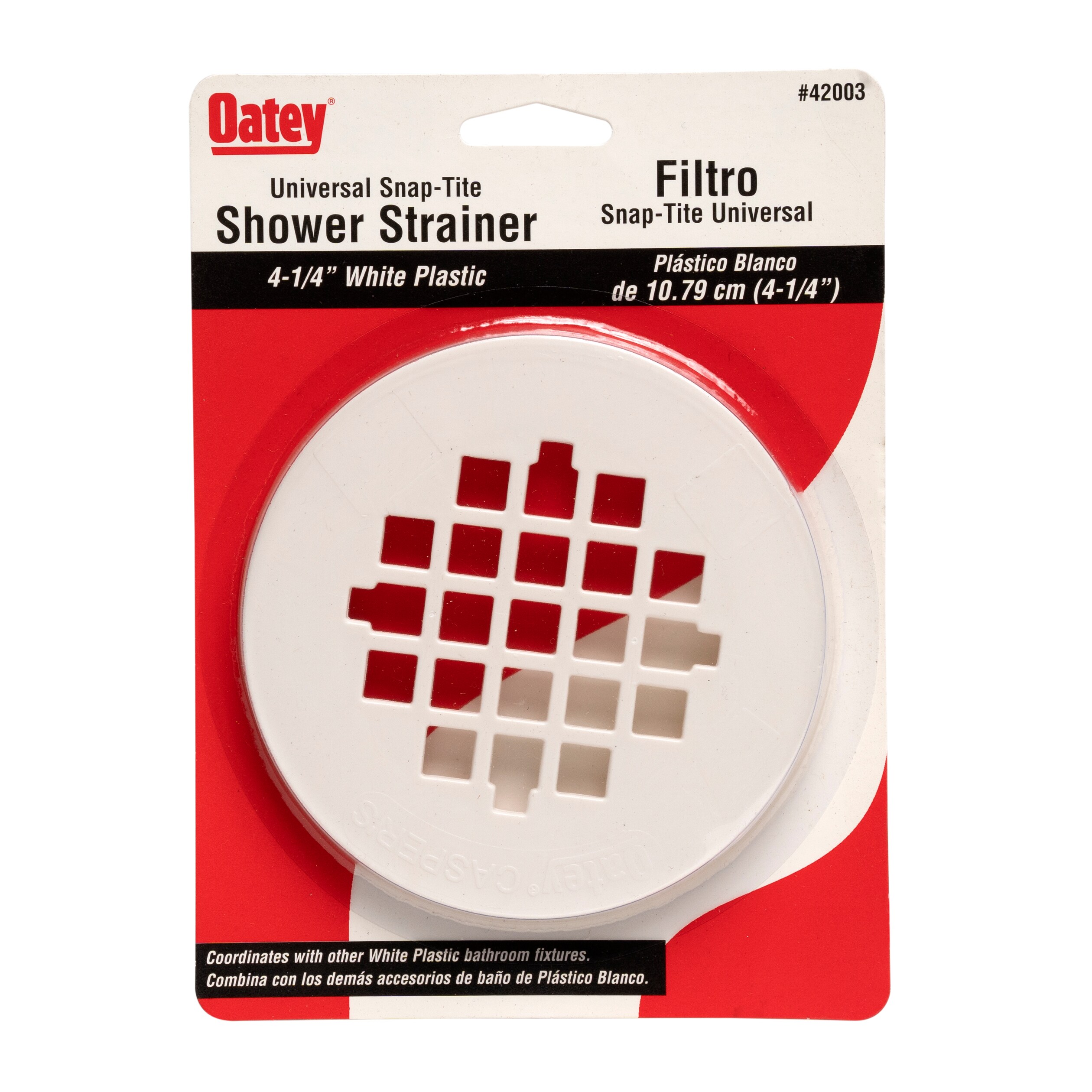 Oatey Shower Drain Strainer, Snap-In, Round, 4-1/4 in Dia, Plastic, White  42136