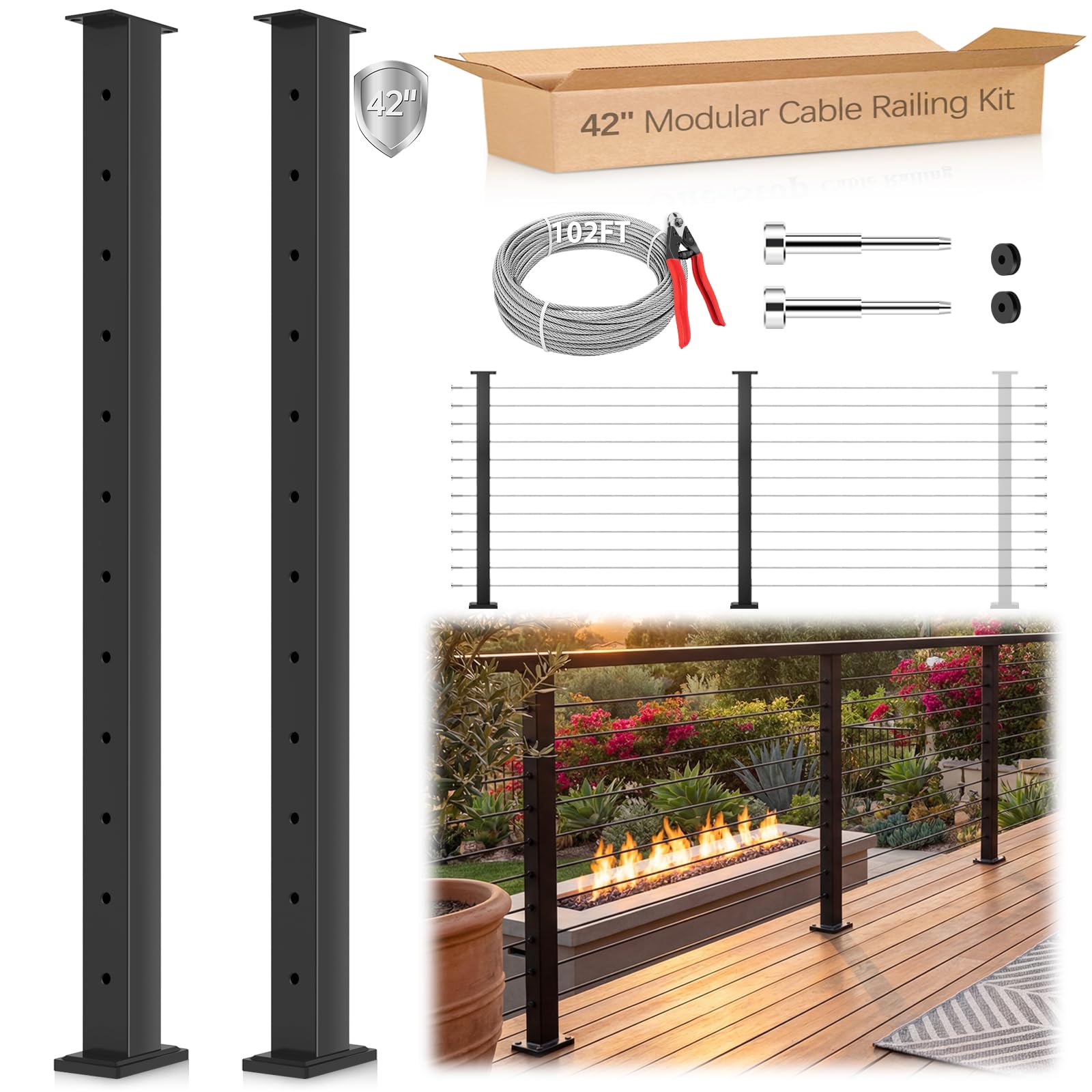 Misopily  2 Pack Cable Railing Post Kit 42 Inch Fixed Top Level Includes 102 Foot Cable 24 Terminal 48 Grommets for Deck Stair Indoor Outdoor