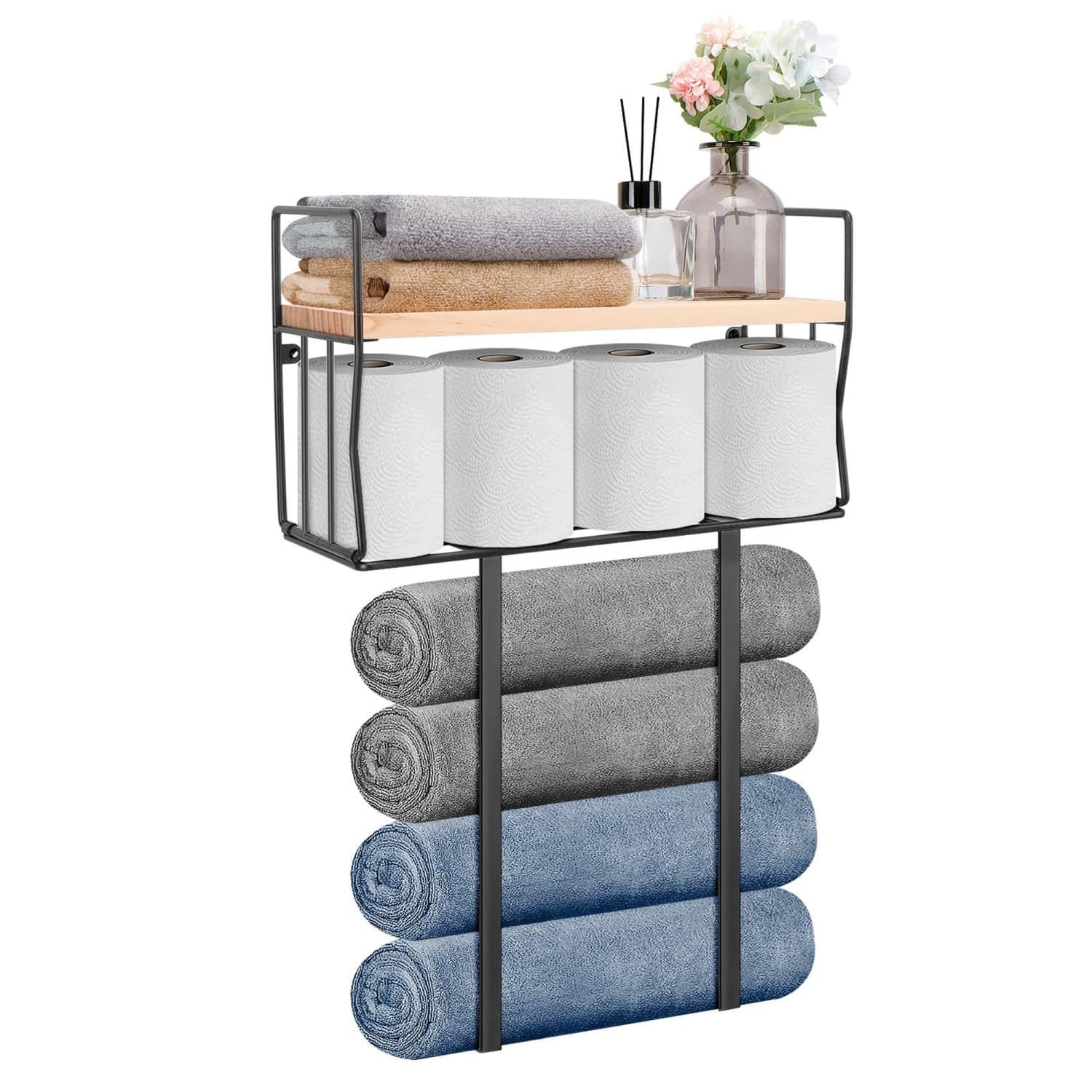 Angel Sar Towel Rack with Storage Basket and Wood Shelf for Bathroom in ...