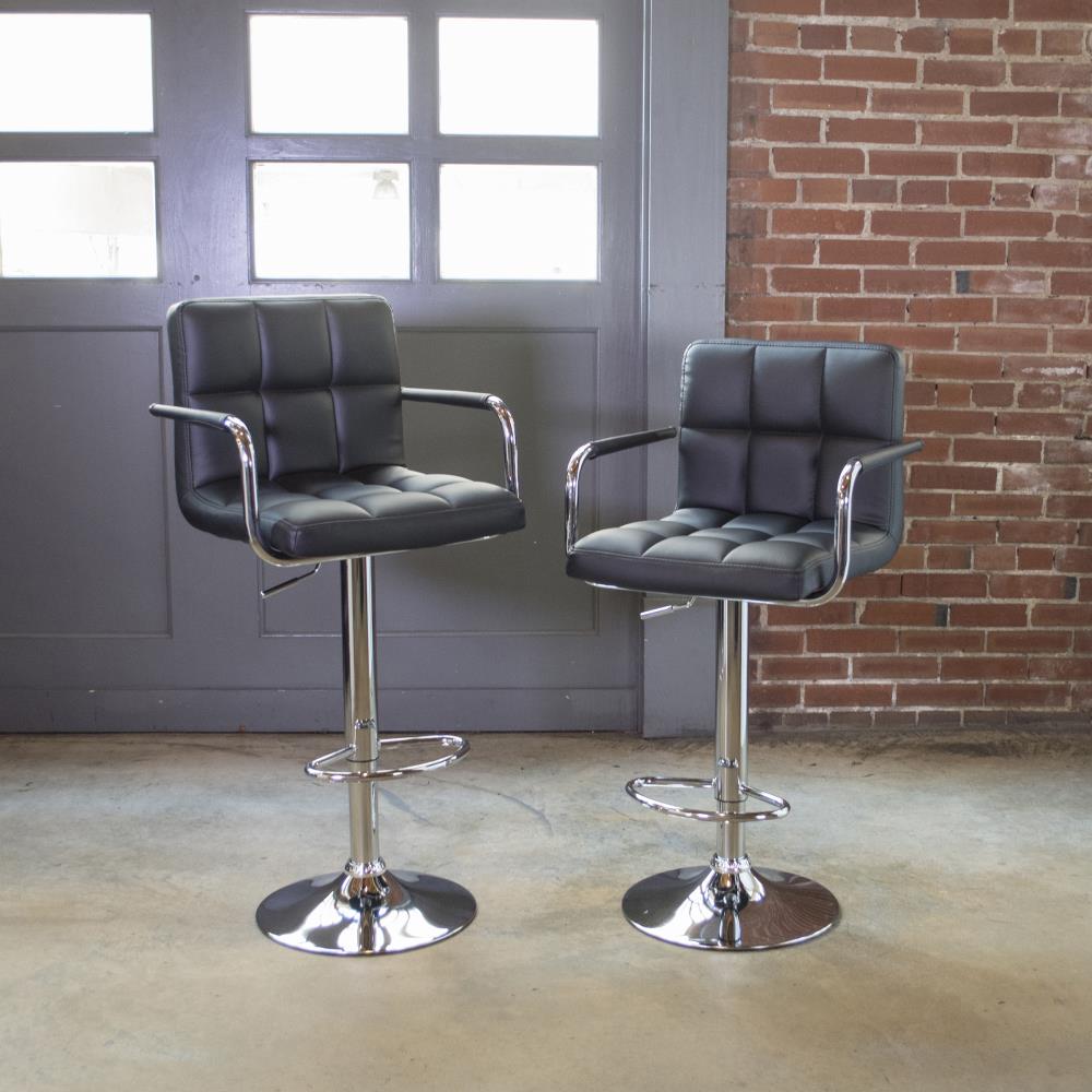 Adjustable Black Vinyl and Chrome Swivel Bar Stools, Set of 2