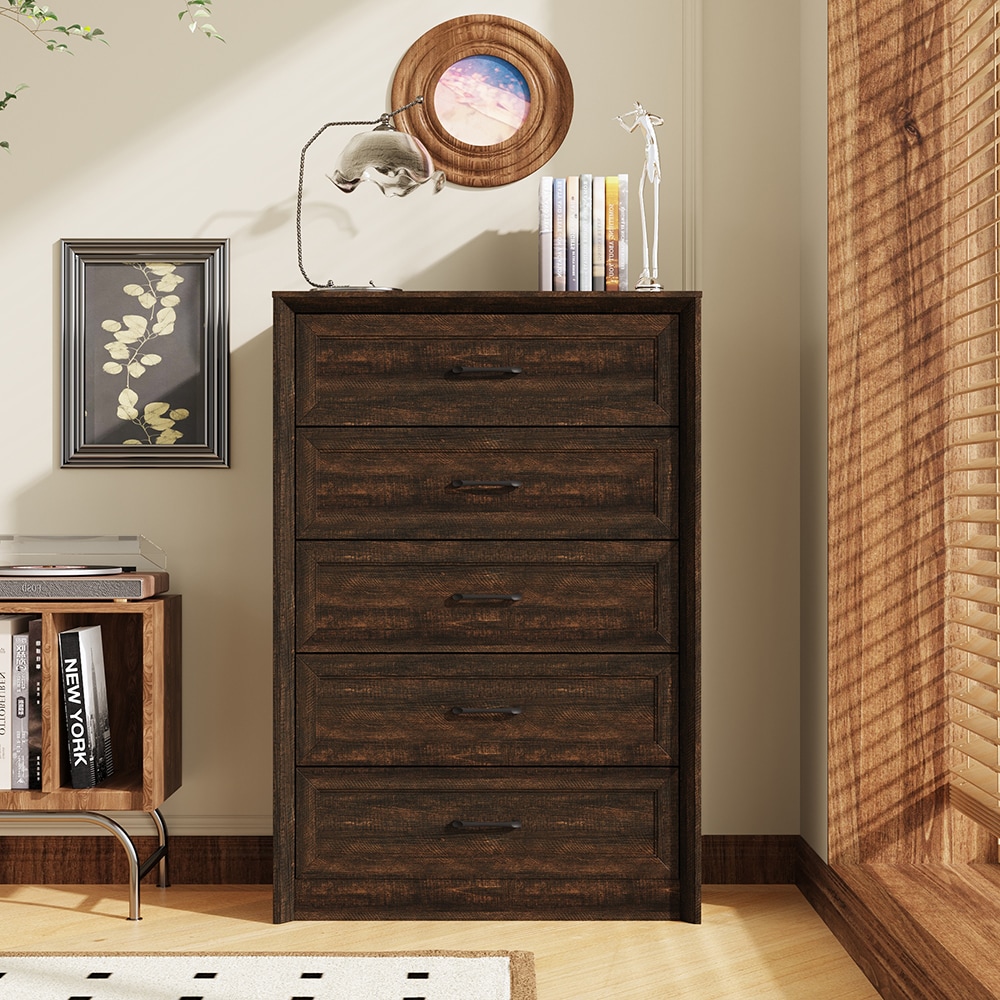 Homsee  Dark Brown Wood Grain Dresser with Five Spacious Drawers and Sleek Black Handles for Modern Bedroom Storage