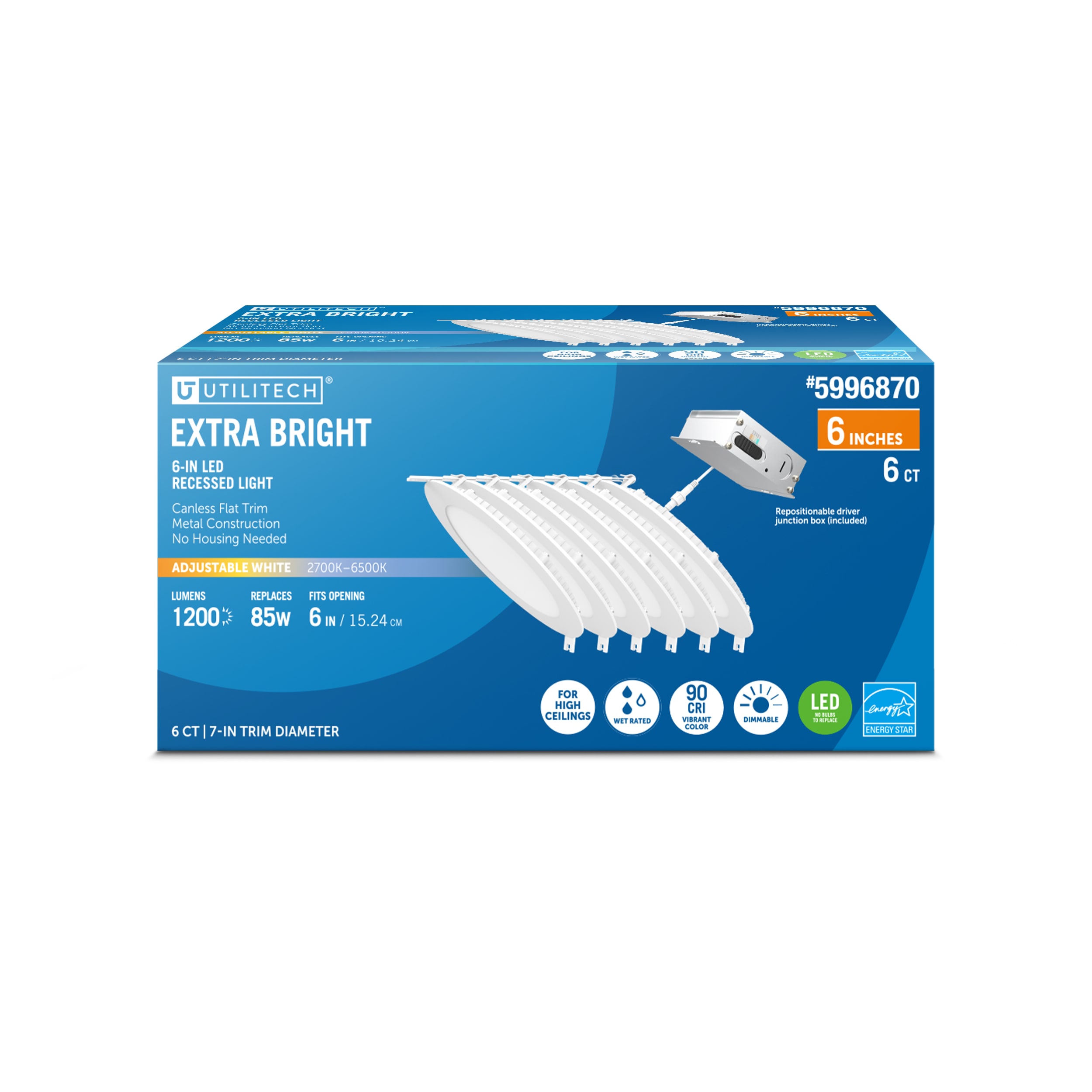 Utilitech LLEDR6XT/HO/5CCTCA/6 White 6-in 1200 -Lumens Switchable white Round Dimmable LED Canless Wet rated Recessed Downlight 6 -Pack