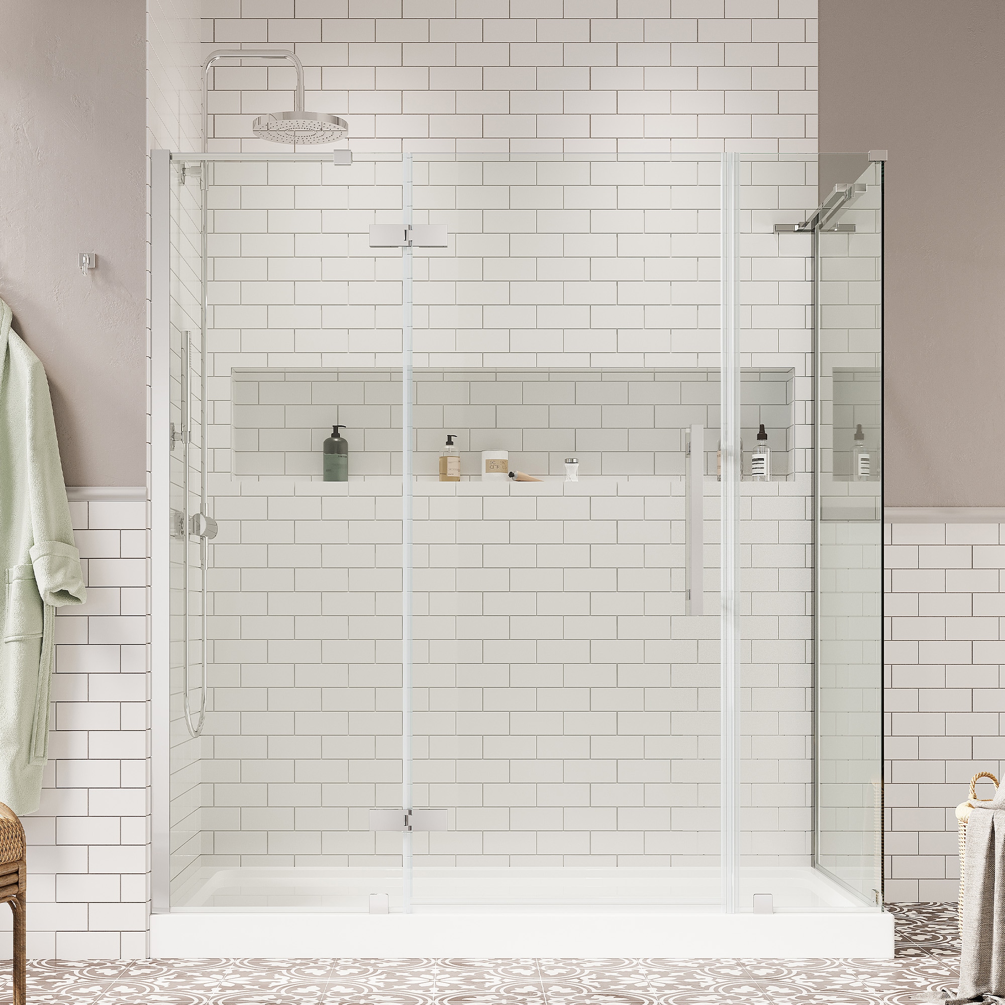 OVE Decors 828796052474 Tampa 72-in W x 36-in L x 75-in H Rectangular Corner shower kit ( Reversible Drain) Base and Door Included Chrome Hardware Included