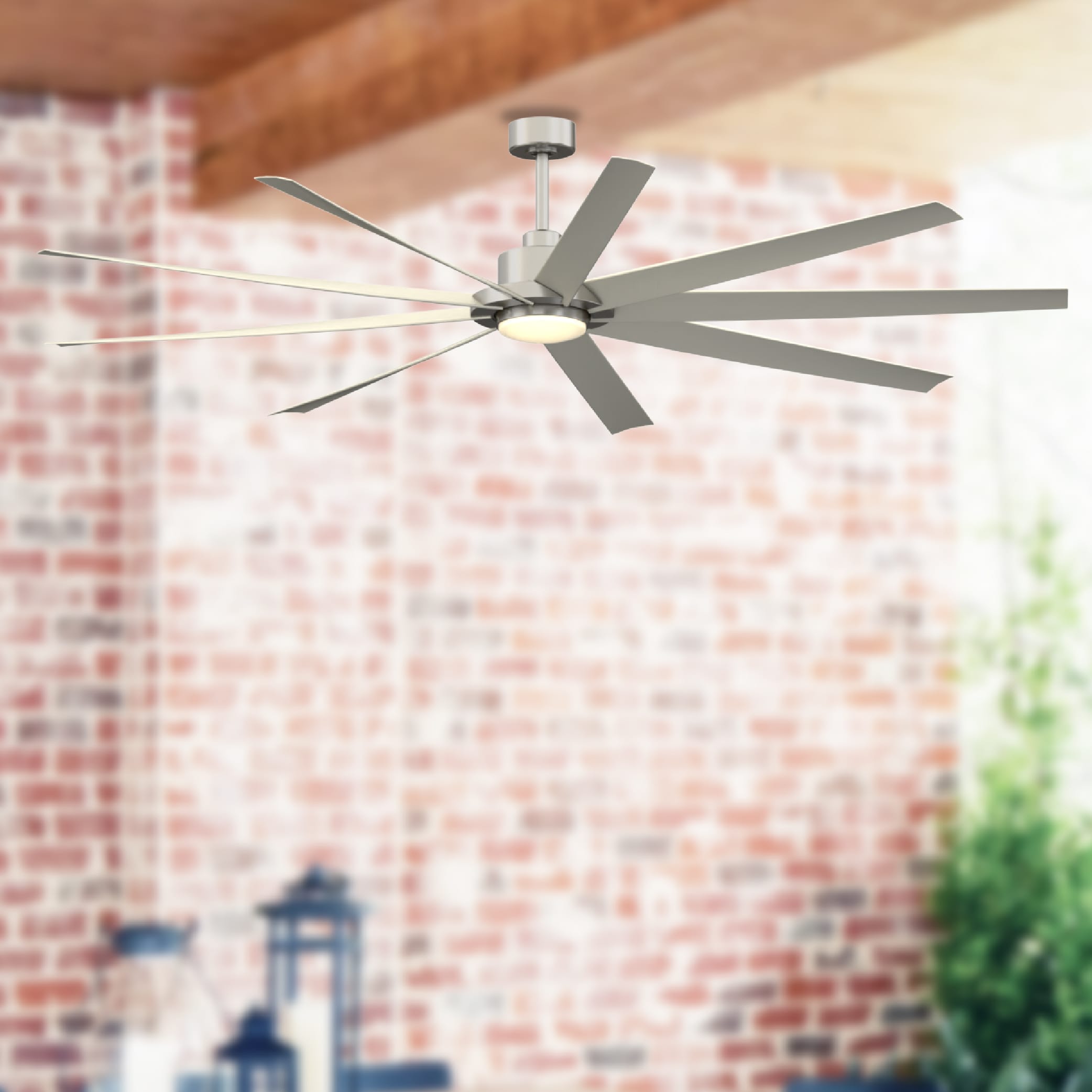Fanimation Studio Collection LP6827LBN EightyFour 84-in Color-Changing Integrated LED Outdoor Brushed Nickel with Brushed Nickel Blades Ceiling Fan With Light - Remote Included ( 9 -Blade )