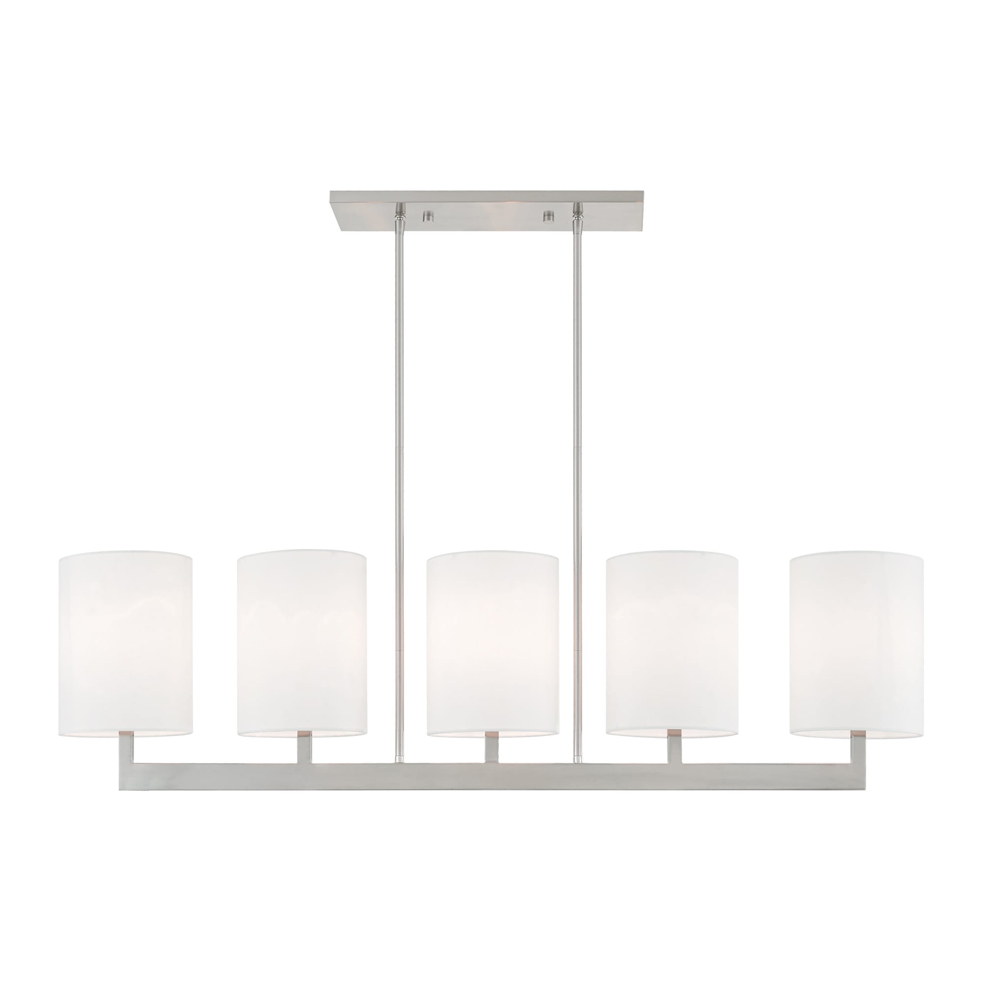 Contemporary Brushed Nickel 5-Light Linear Chandelier with Off-White Shades