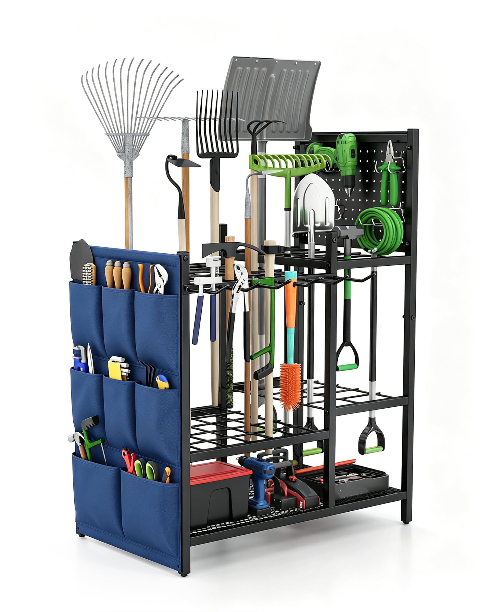 UUDULY  Garden Tool Organizer with Pegboard Garage Storage Rack Holds 40 Long Handled and D Handled Tools Side Storage Pocket Adjustable Feet